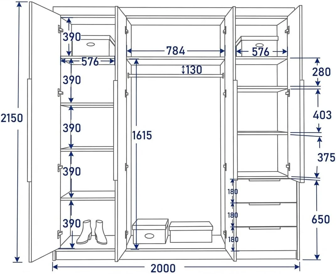 2026 A und J MöbelLand VIVO Kleiderschrank 4-türig mit Spiegel und Schubladen - 200 x 215 cm - Drehtürenschrank mit Kleiderstange und Einlegeböden
