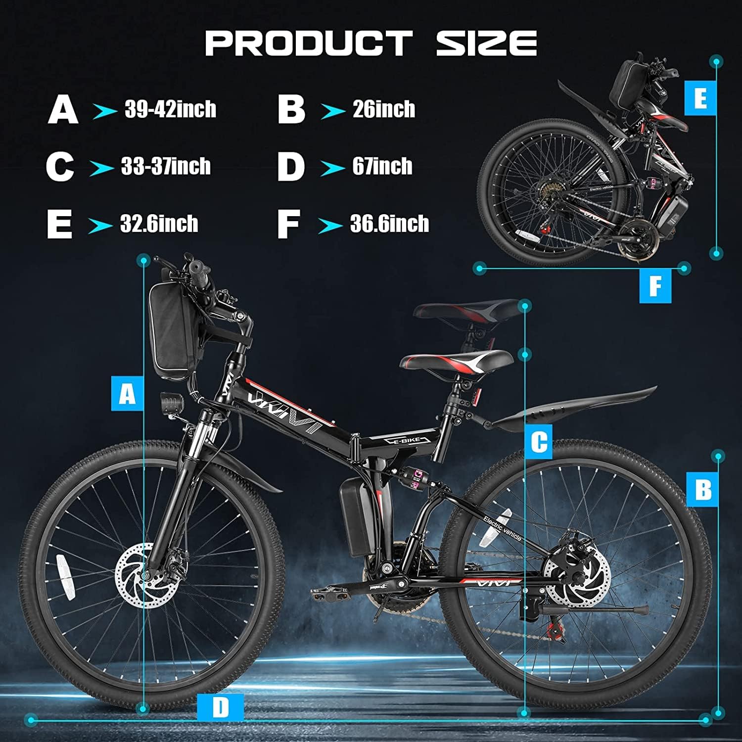 Vivi Electric Bike for Adults 750W Peak Folding Electric Mountain Bike 26'' Commuter Ebike 22MPH Adult Electric Bicycles with Removable Battery, LCD Display, Dual Shock Absorber, UL 2849 Certified