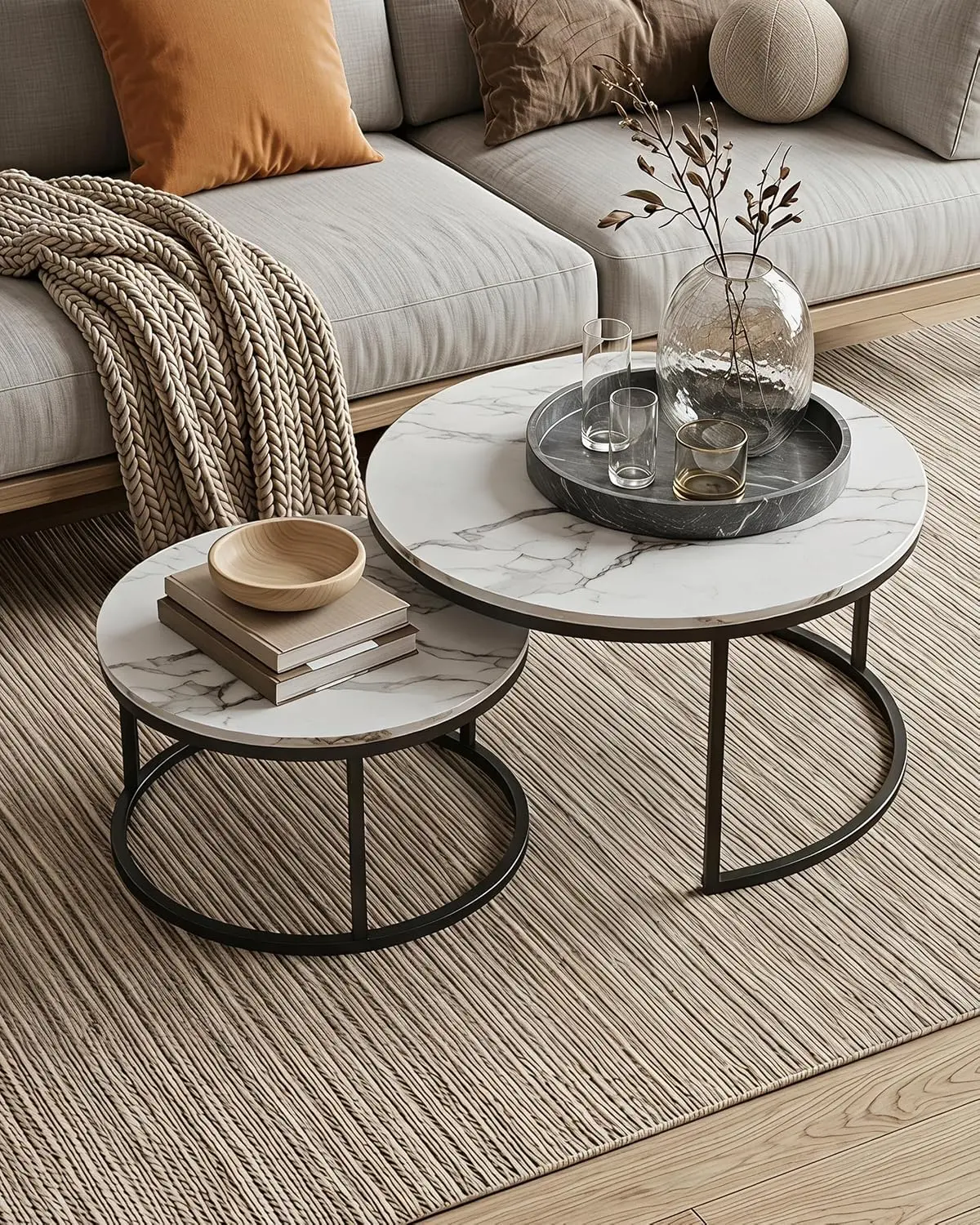 Amveya Juego de 2 Mesas de Centro Redondas Mesa Auxiliar Sofa Aspecto Mármol con Estructura Metal, Mesas Nido Modernas de Café, naranja