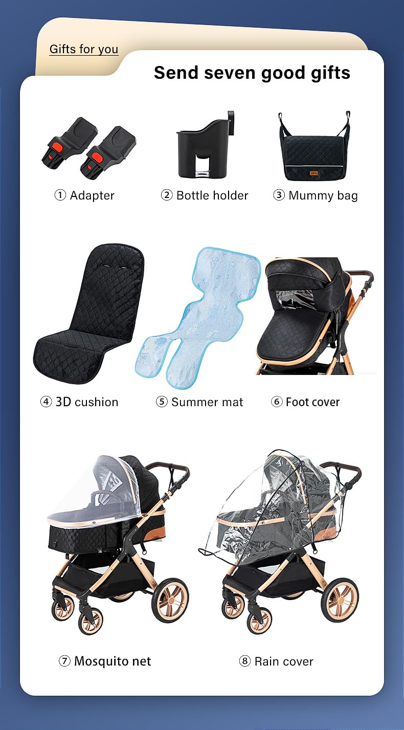 YAZOCO kinderwagen 3 in 1 Buggy Babybett Komplett Set Einem Klick Zusammenklappbarer Kinderwagen, KombiKinderwagen Aluminiumrahmen für Neugeborene (Schwarz)