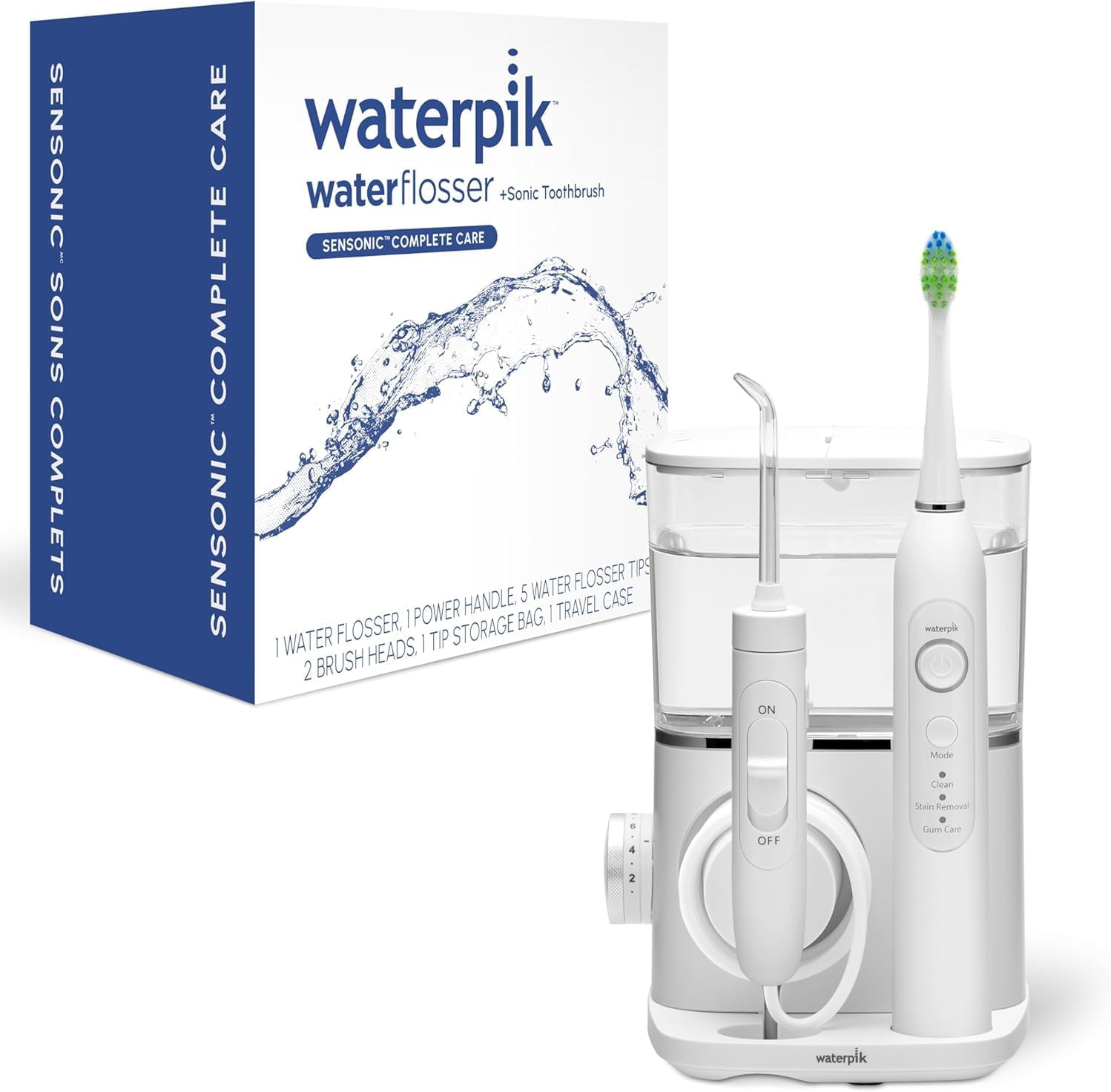 Waterpik Sensonic Complete Care vattentandtråd, uppladdningsbar elektrisk tandborste och vattentandtrådskombinationsset, CC-04, vit,