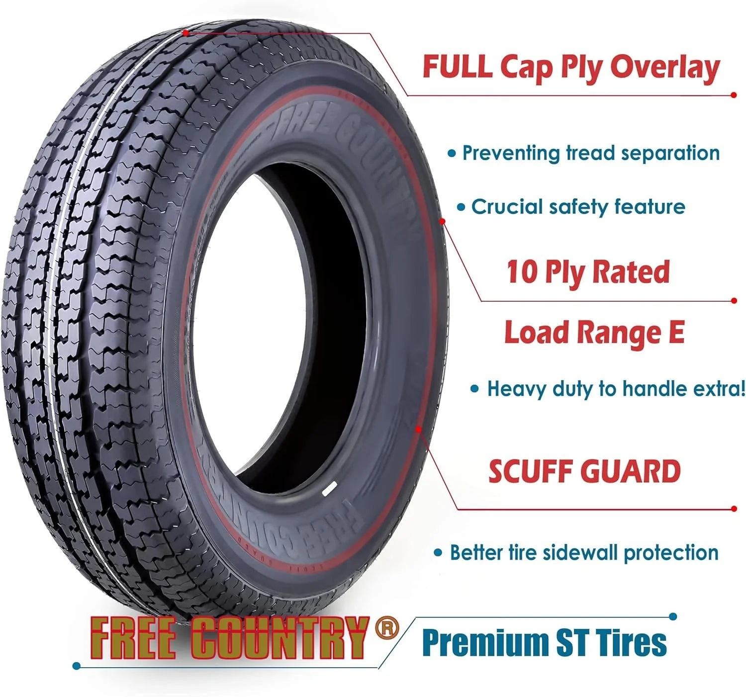 Set of 4 heavy-duty trailer tires ST205/75R15 205 75 15 10-ply, load class E, steel-belted radial tires with abrasion protection
