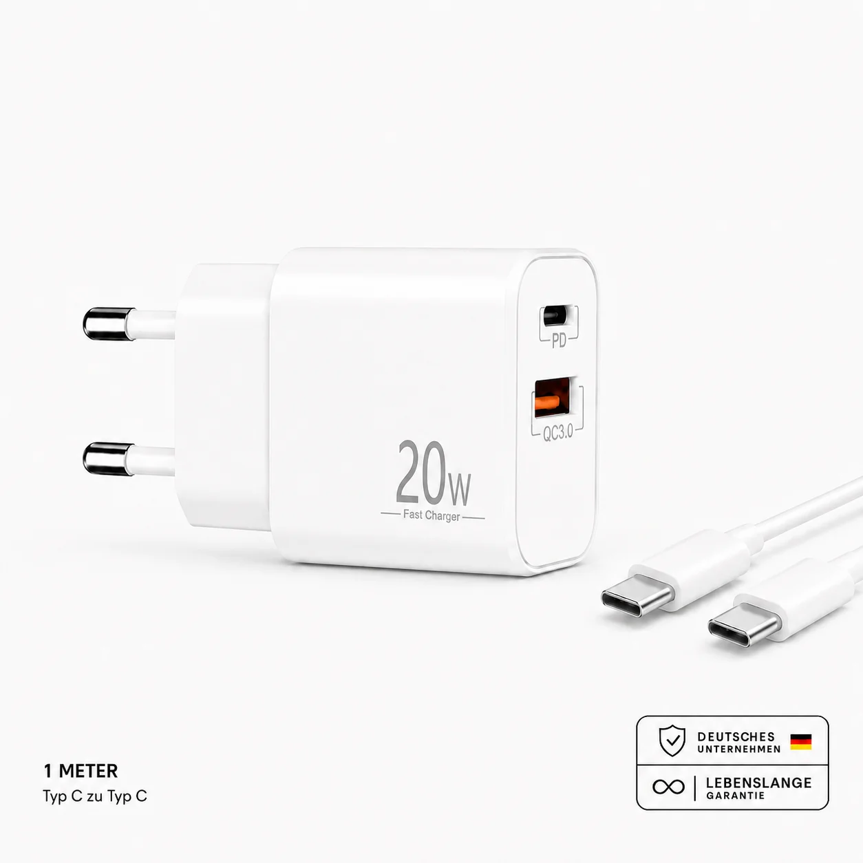 Schnellladegerät USB-C + USB-A Dual Netzteil Universal mit Kabel
