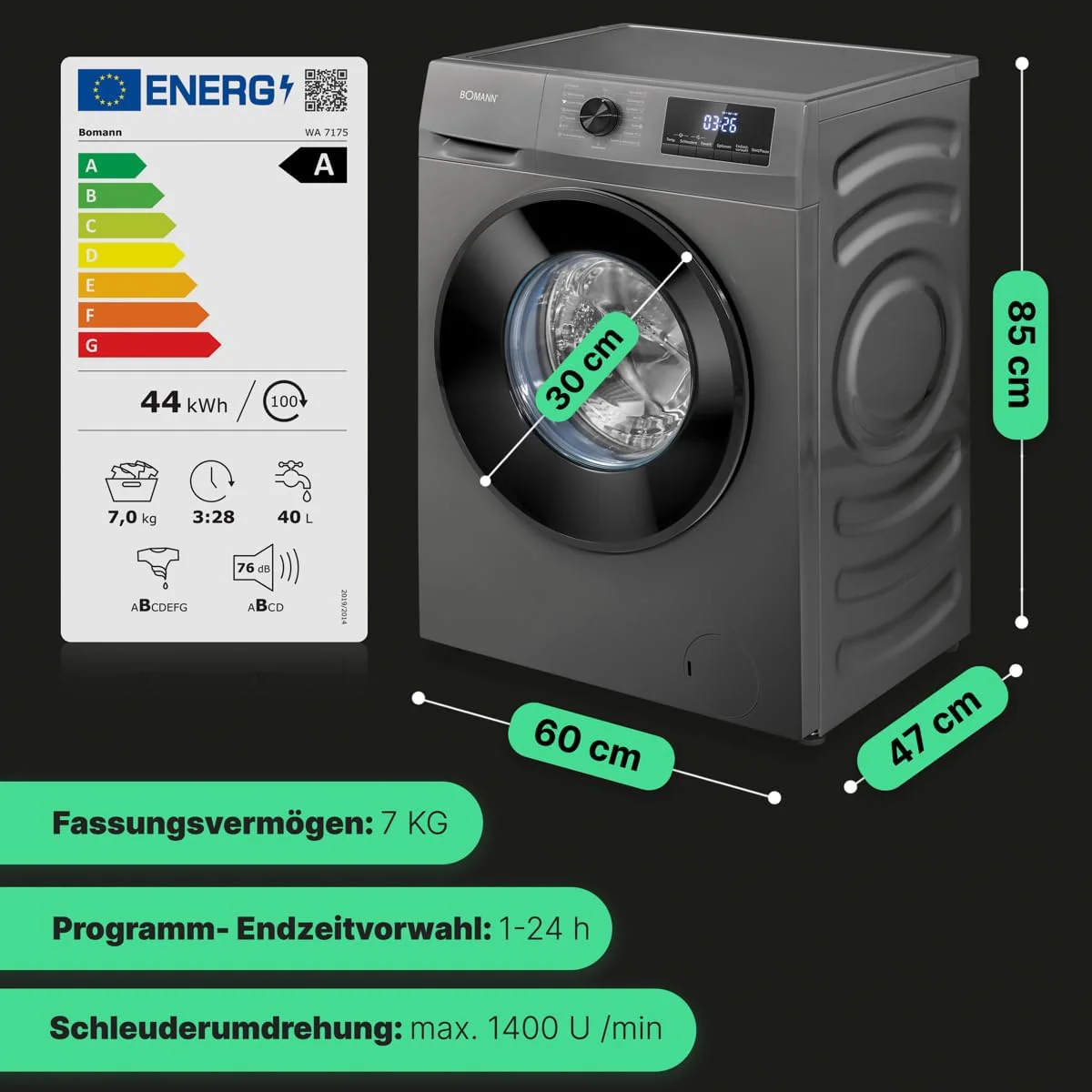 Bomann Wasmachine 7kg | maximaal 1400 tpm | 10 jaar motorgarantie | Effici?nte, stille en duurzame invertermotor | 15 programma's | Eindtijd Netnummer | LED-scherm | Wasmachine | WA 7175 wit