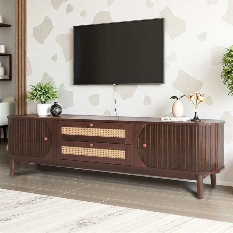 Rattan Media Console TV Stand for TVs Up to 75 Inches with Sturdy Solid Wood Legs