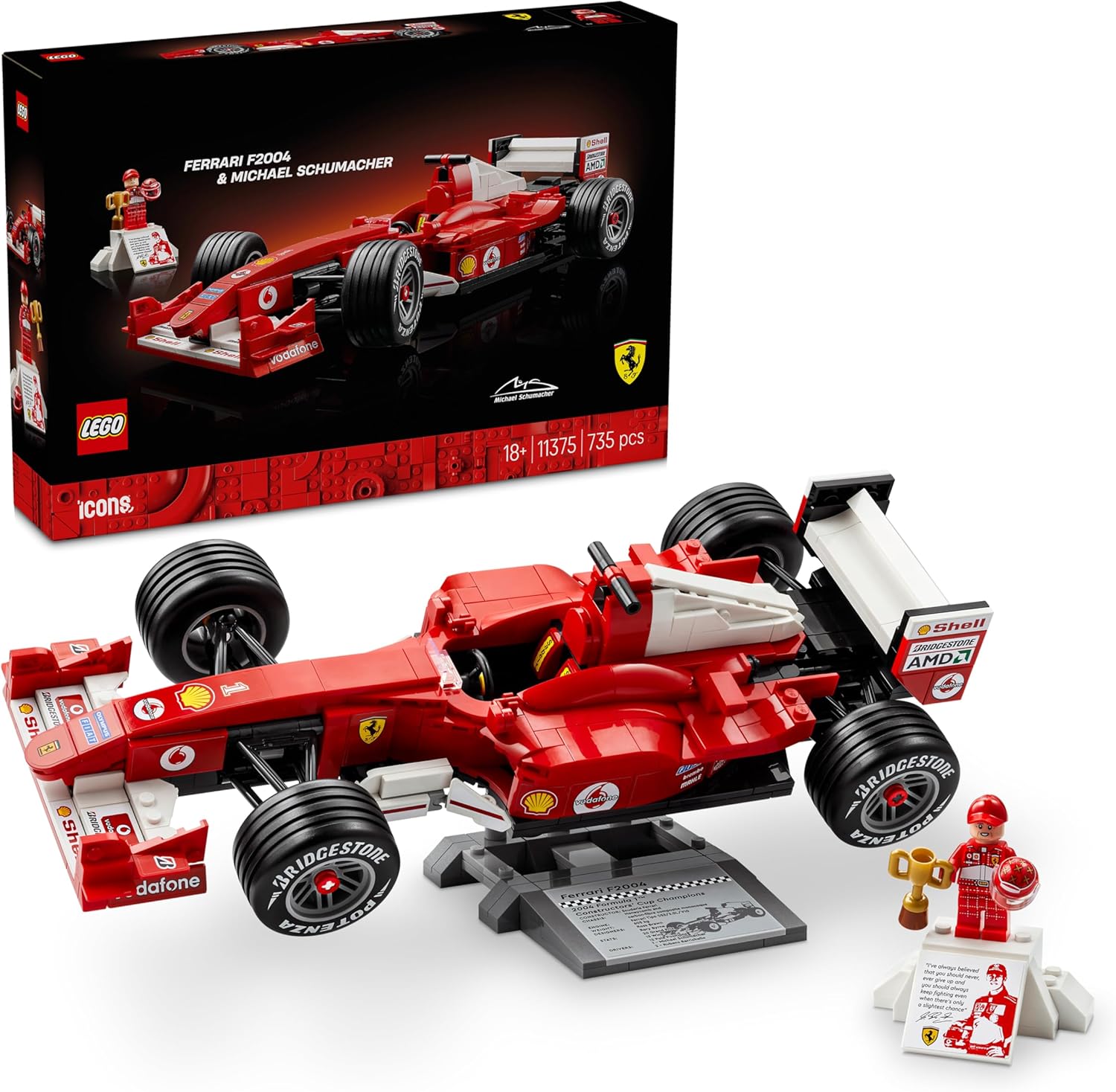 LEGO Icons Ferrari F2004 & Michael Schumacher Byggset Klassisk bilmodell - Ferrari F1 Racingbil - Formel 1 Samlarobjekt för vuxna och racingfans - Present till bilentusiaster och samlare - 11375