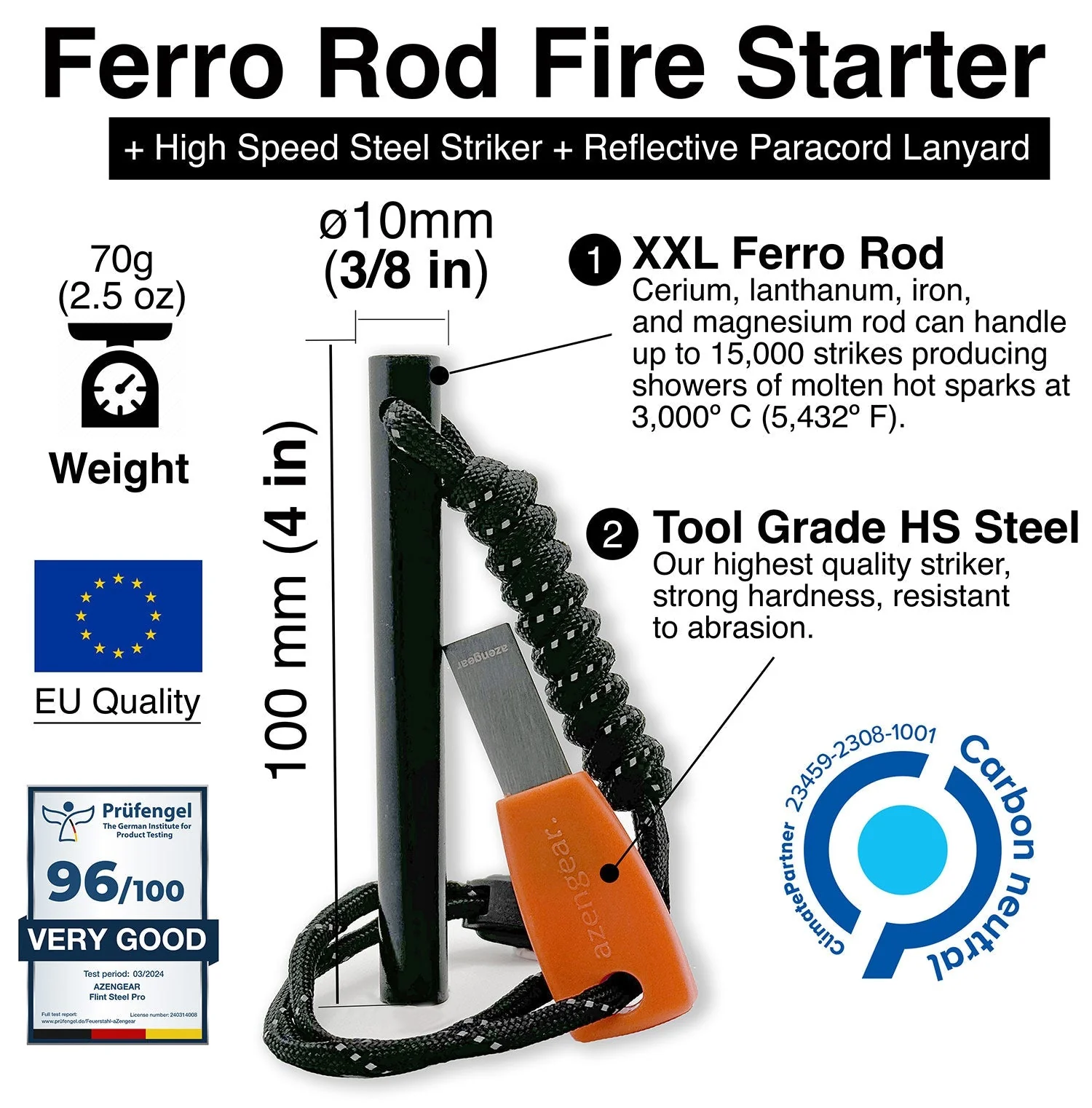 Ferro Rod Fire Starter Kit (10cm x ?1cm), Flint and Steel Striker, Fluorescent Paracord - 15,000 Strikes Firesteel Survival Tool for Hiking, Camping and Outdoor Emergency