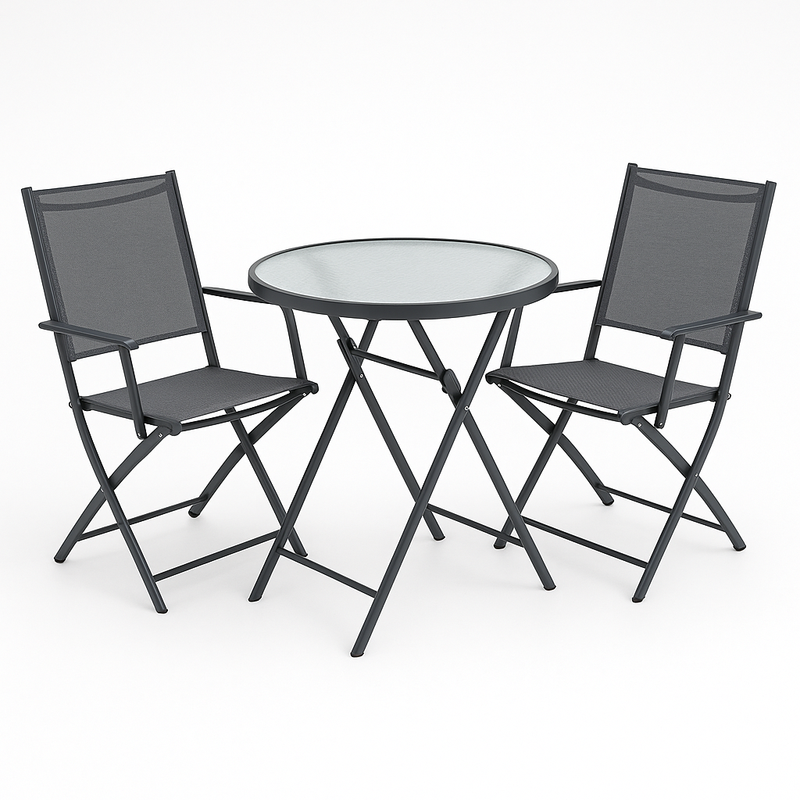 Juego de mesa redonda de vidrio templado transparente con dos sillas plegables de textileno gris aluminio para jardín 60x60x70 cm