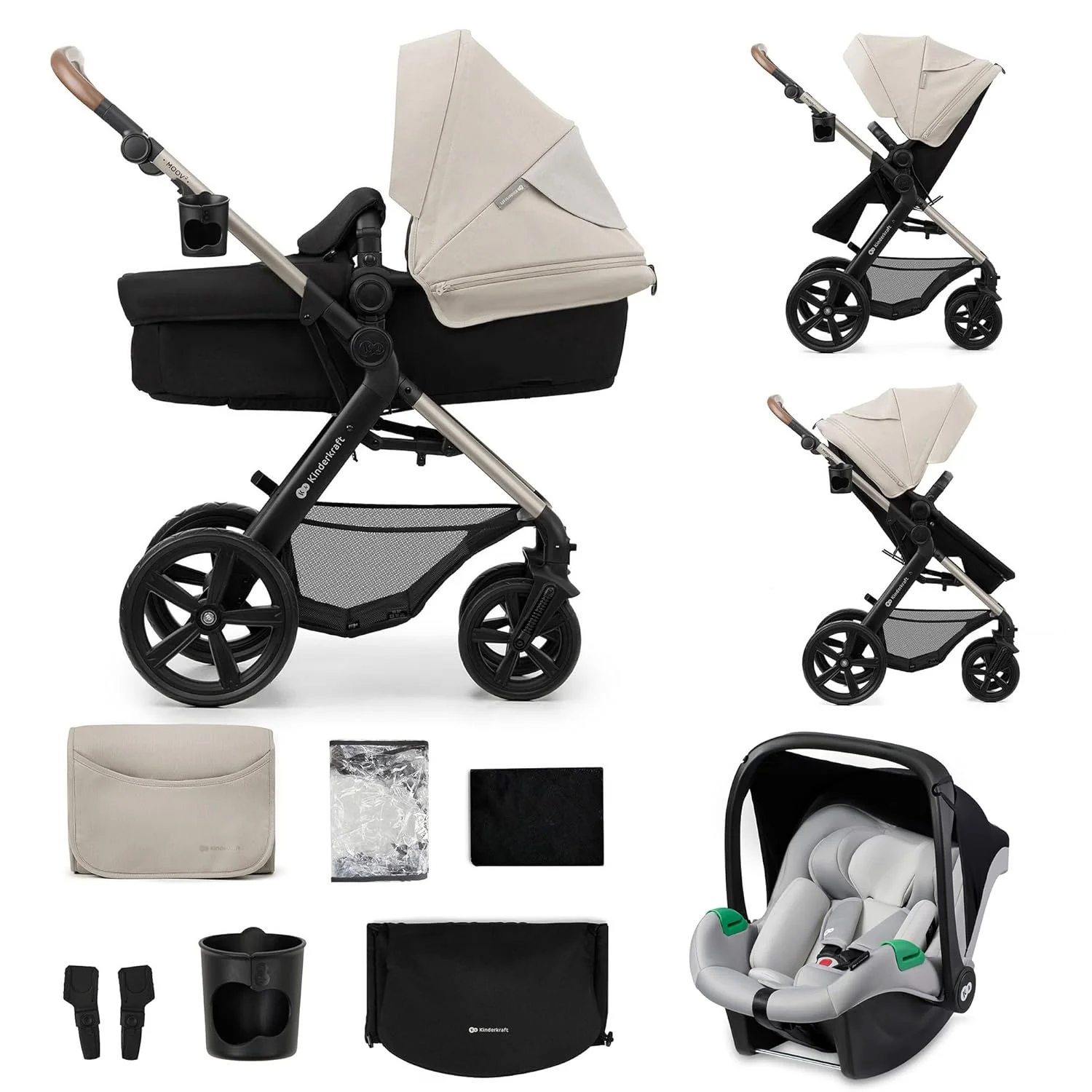 Kinderkraft MOOV2 AIR Kinderwagen 3 in 1 Kinderwagenset tot 26 kg met autostoel I-SIZE 40-75 cm, buggyfunctie, verstelbare ligstand, grote uitschuifbare kap, opblaasbare wielen, zwart