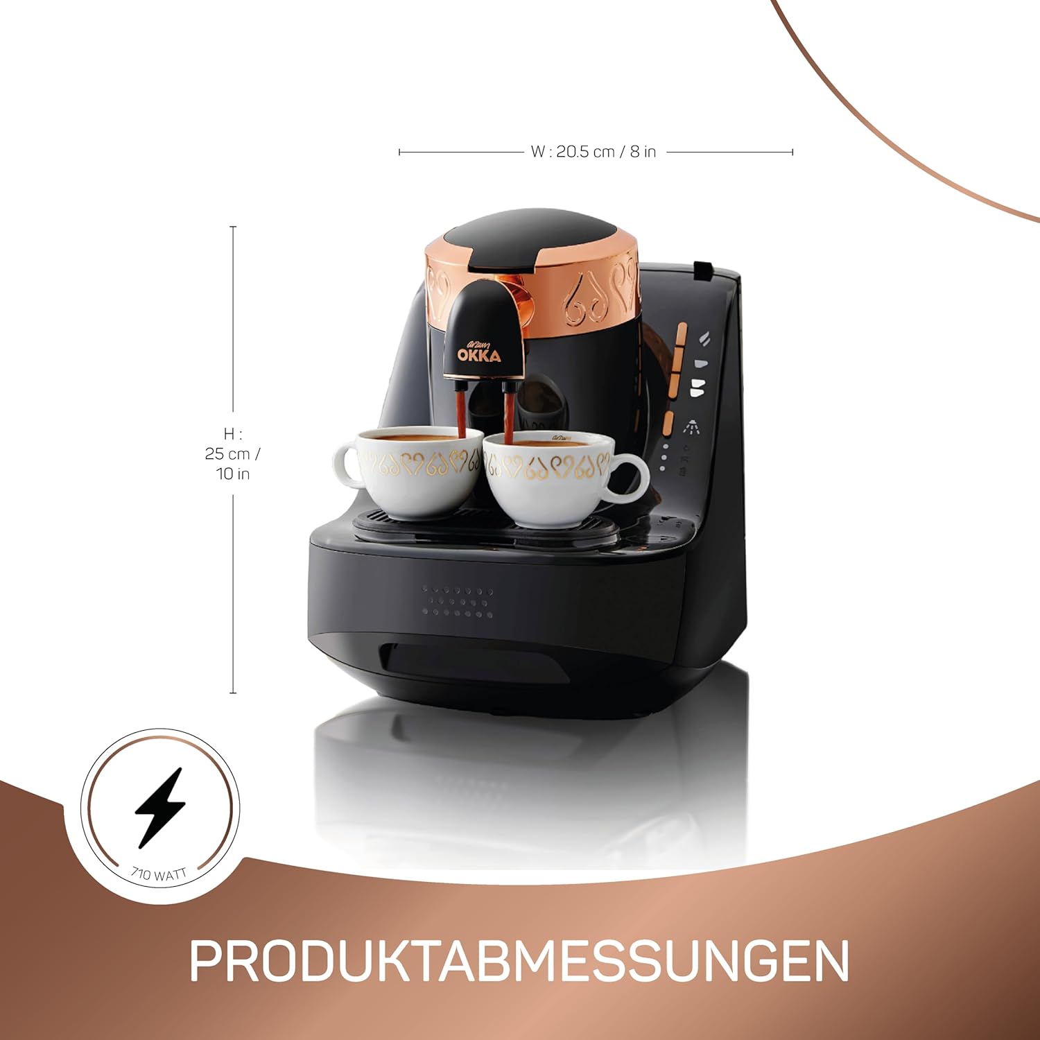 Arzum Okka Türkischer Kaffeemaschine, Vollautomatisch, 3 Tassen Größen, Selbstreinigungsfunktion, 950 ml Wassertank, Überschutzsensor, Kompaktes Design, Schwarz-Gold