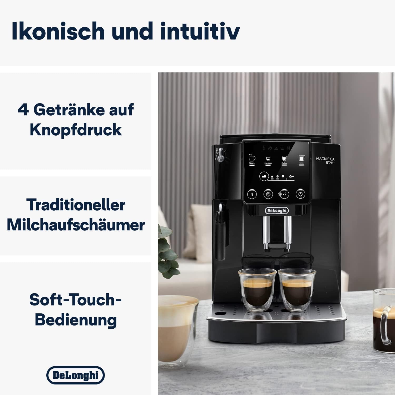 De'Longhi Magnifica S Smart ECAM 230.13.B Kaffeevollautomat mit Milchaufschäumdüse für Cappuccino, Espresso-, Kaffee- und Long Coffee Direktwahltasten und Drehregler, 2-Tassen-Funktion, Schwarz
