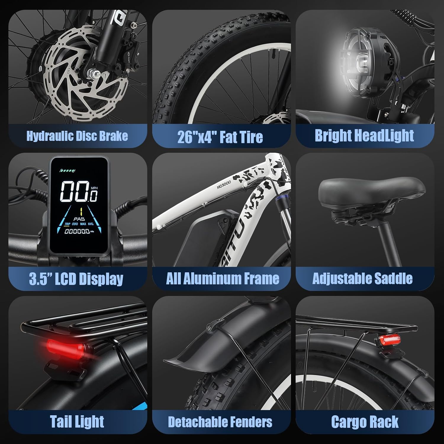 Electric Bike for Adult, 26 x 4.0 Fat Tire Ebike, 1000W/2000W Peak Electric Bicycle, 48V 13/17.5/23AH Waterproof Battery, Front Suspension Ebike, 27MPH-46MPH, Adjustable Seat, UL and GCC Certified