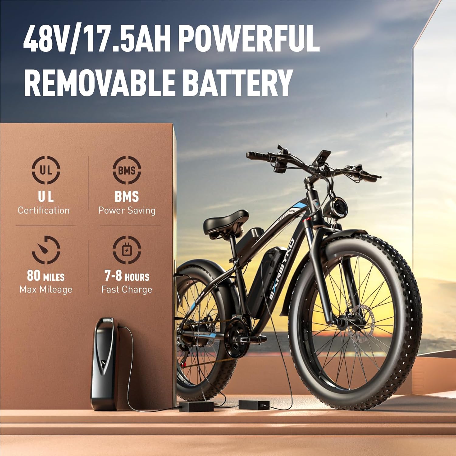 EXRBYKO E Bikes for Adults Electric, Peak 1500W/2000W 37MPH Fat Tire Electric Bike for Adults, 48V 17.5AH 840WH Battery, 80 Miles Ebike with 21-Speed Gear ON/Off Road Electric Bicycle UL Certified