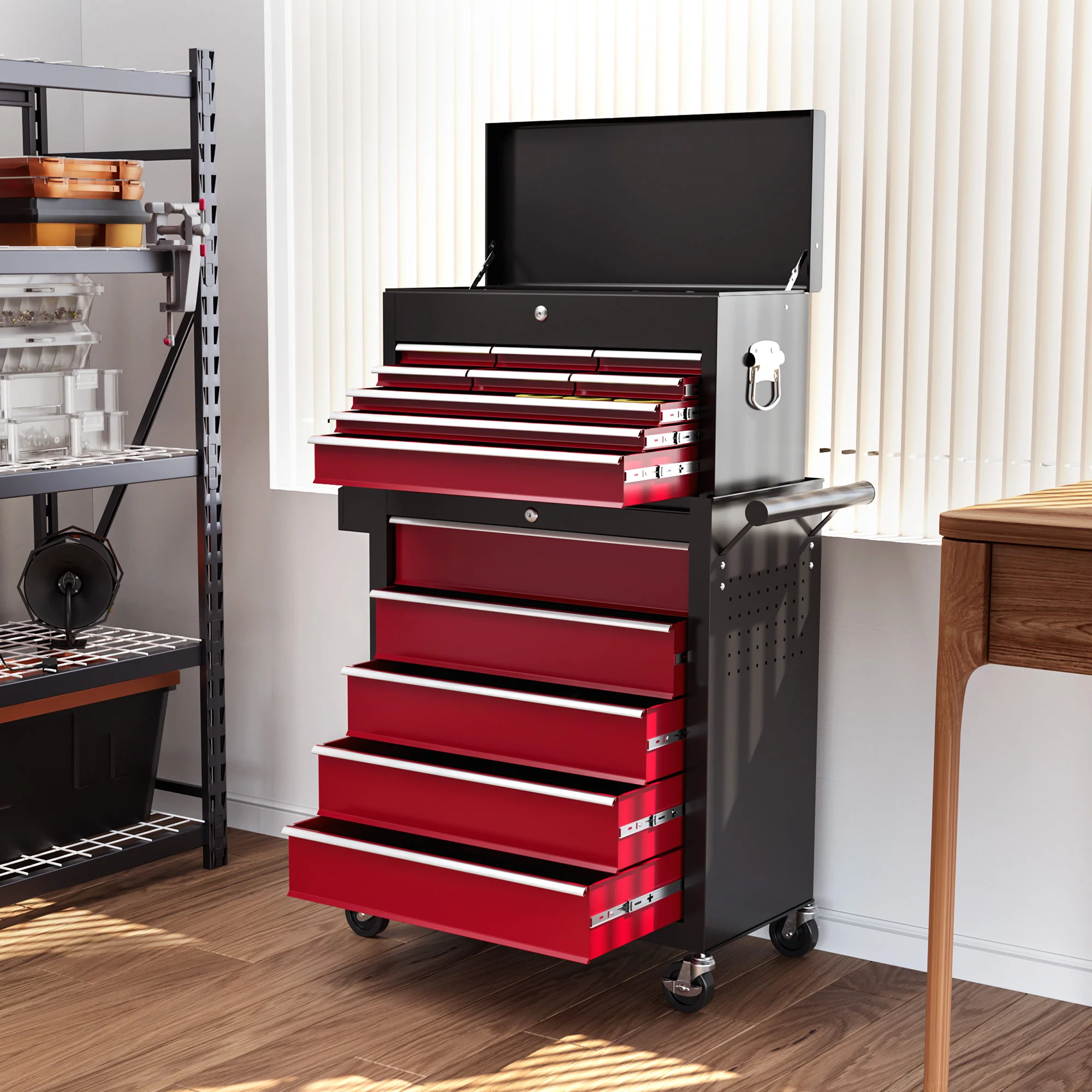 HOMCOM Gereedschapswagen, Tweedelig, Afsluitbaar, 14 Laden, Zijwand met Gaten, Staal, Rood