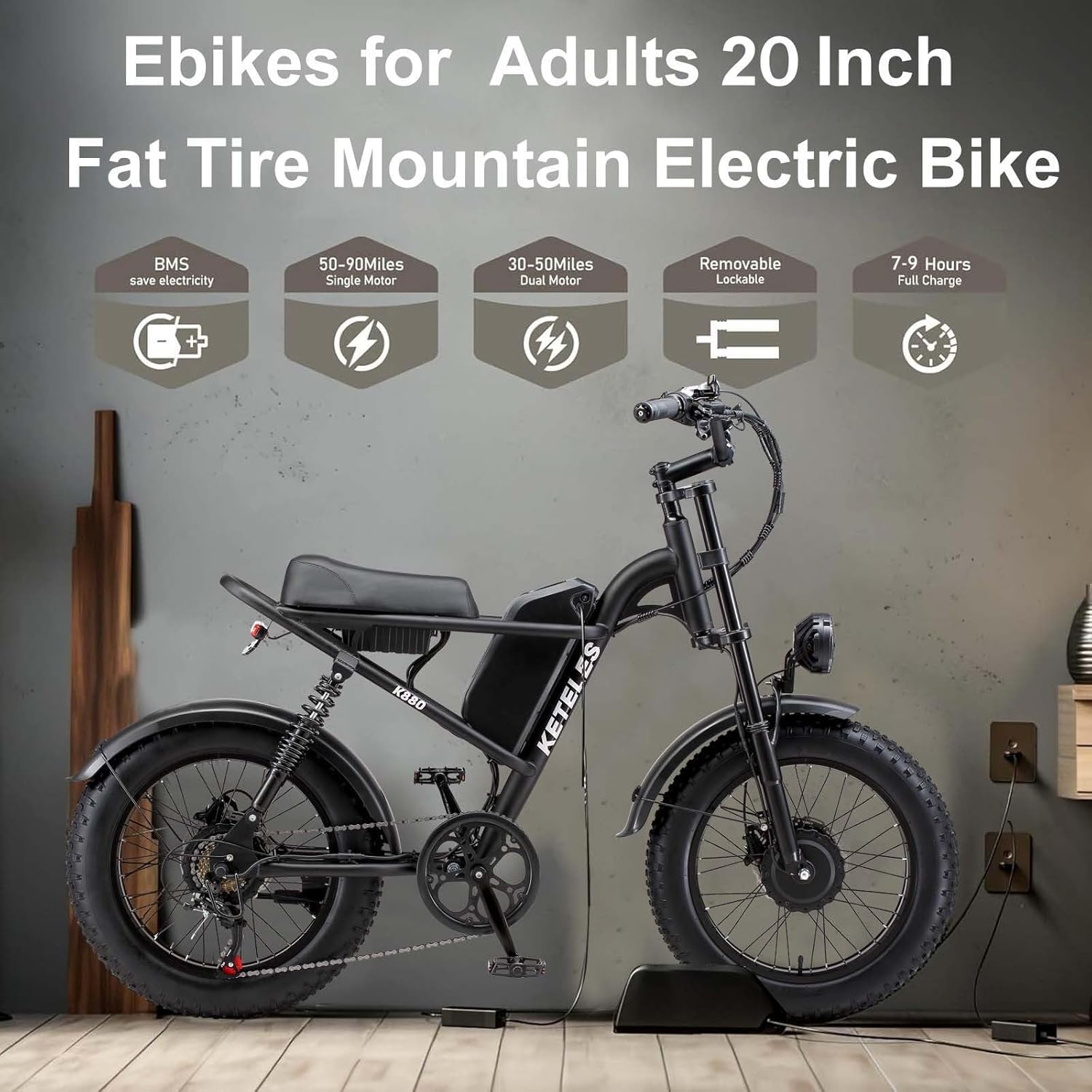 KETELES Electric Bike for Adults, Moped Style Dual Motor Ebike Full Suspension e-bike 20X4.0 Fat Tire Electric Dirt Bike 2000W AWD Electric bicycle 48V 23AH Removable Battery Hydraulic Disc Brake