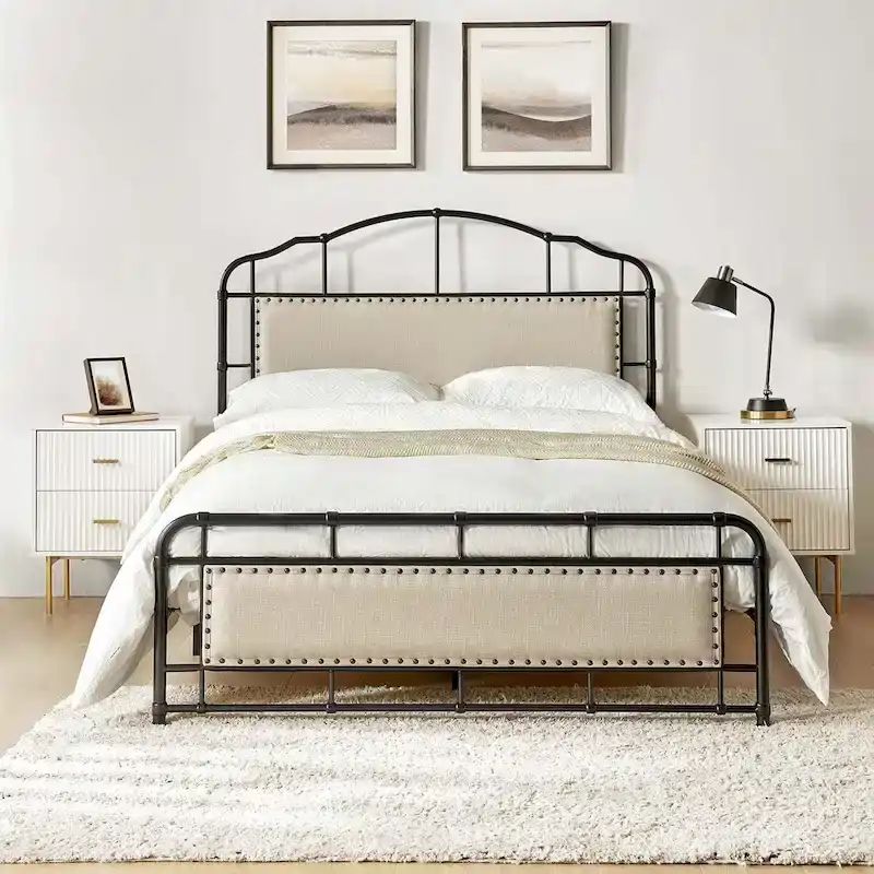 HULALA HOME Eufemia Industrial 62-Inch High Headboard Metal Platform Bed Frame
