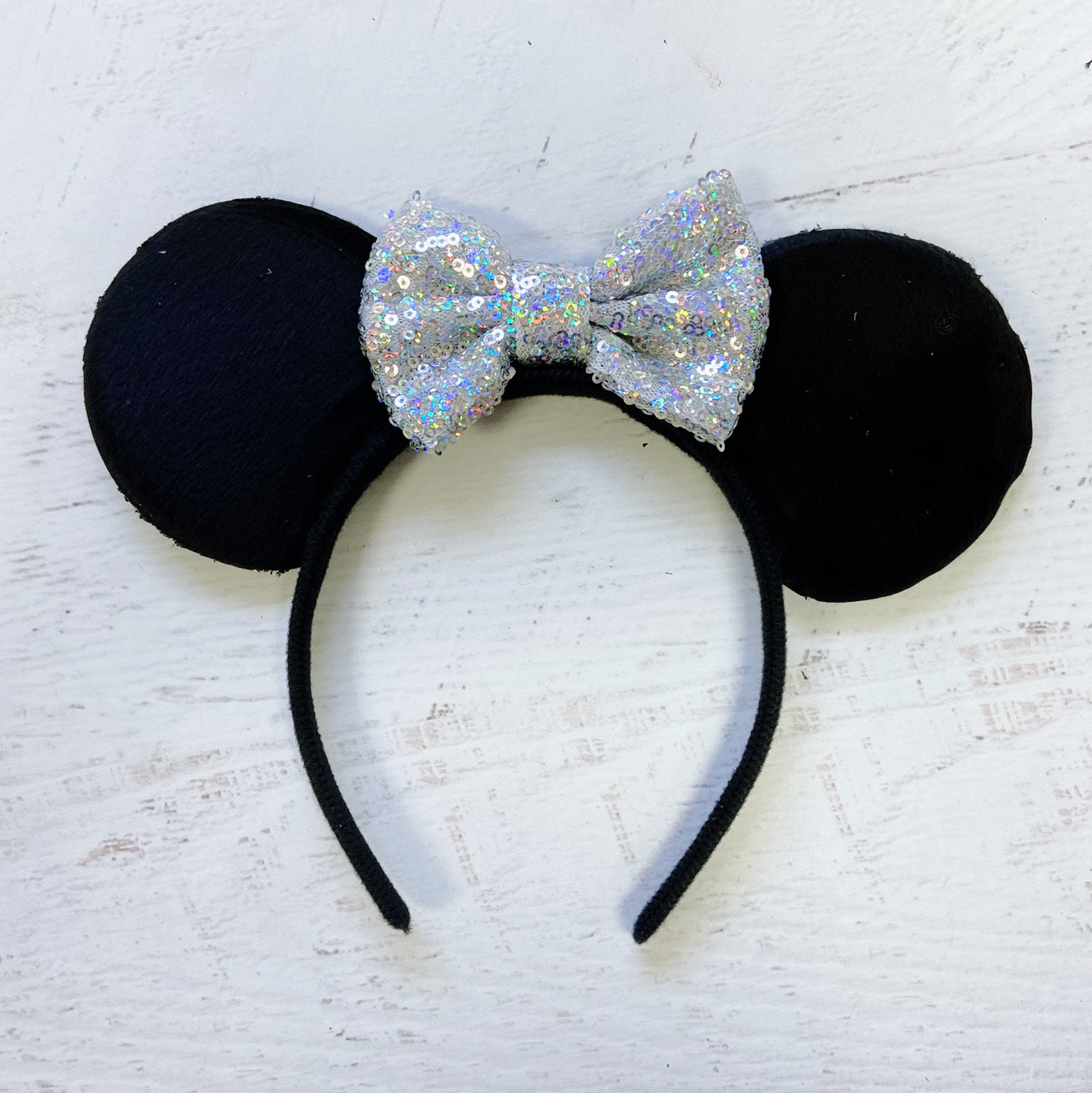 Shiny Sparkle Silver Sequin Bow Disney Minnie Ears Headband
