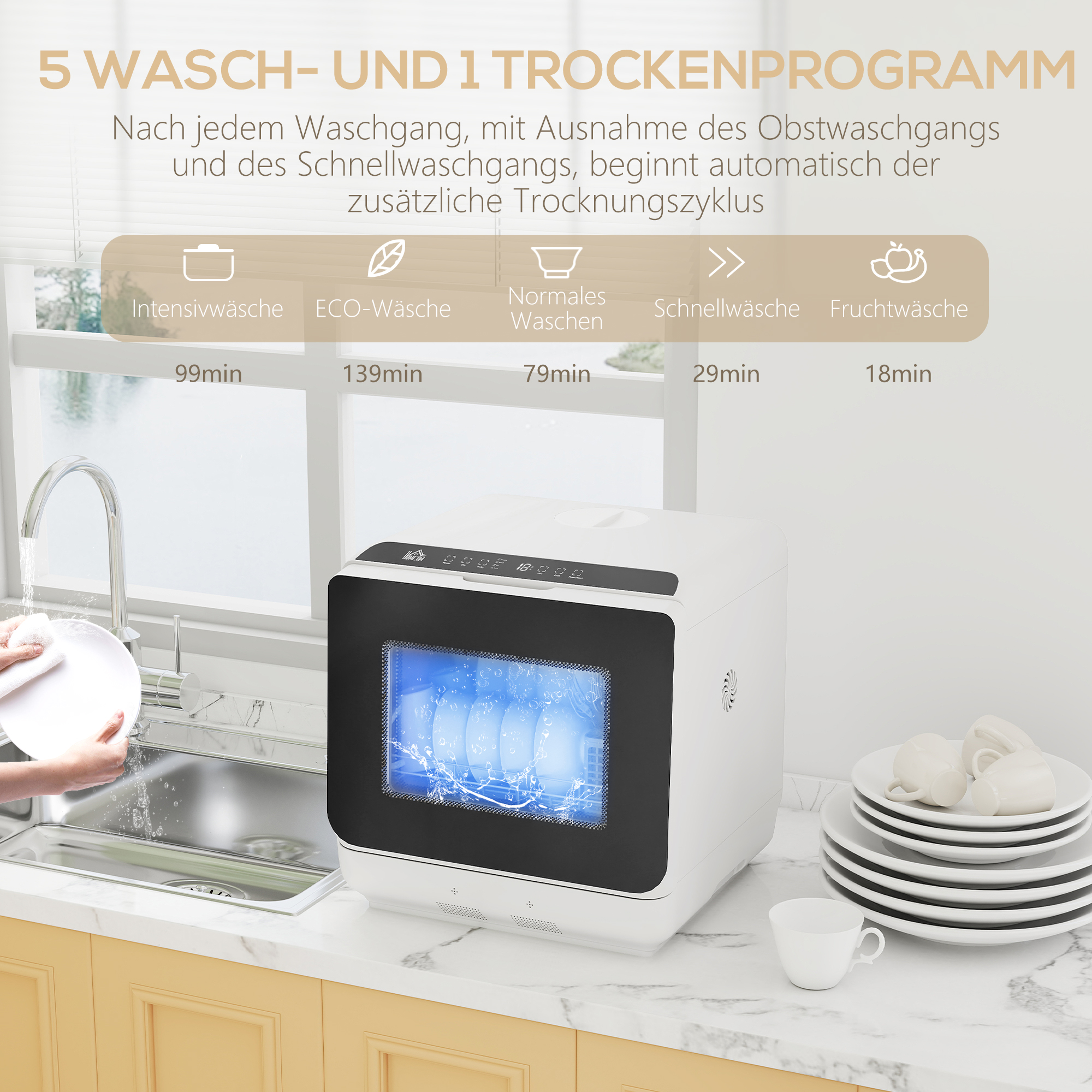 Tafelvaatwasser, Mini-Vaatwasser met 6-Liter-tank, 5 Programma's, LED-display, Droogfunctie, Wit