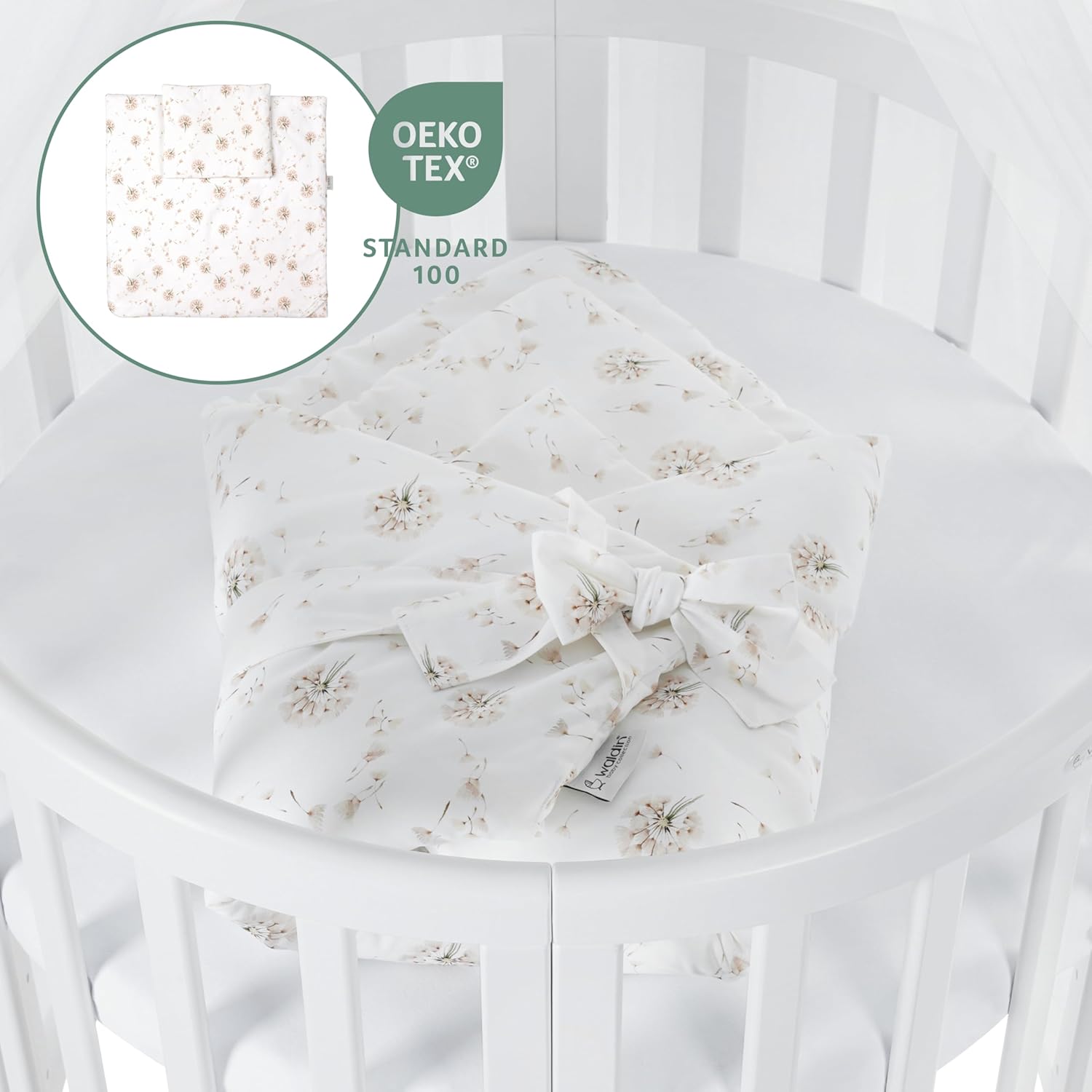 Waldin Oval Baby-Bett Mitwachsend Komplett Set 7in1, Gitterbett, Kinderbett mit Matratze, Wickelkommode, Beistellbett, Holz Weiß