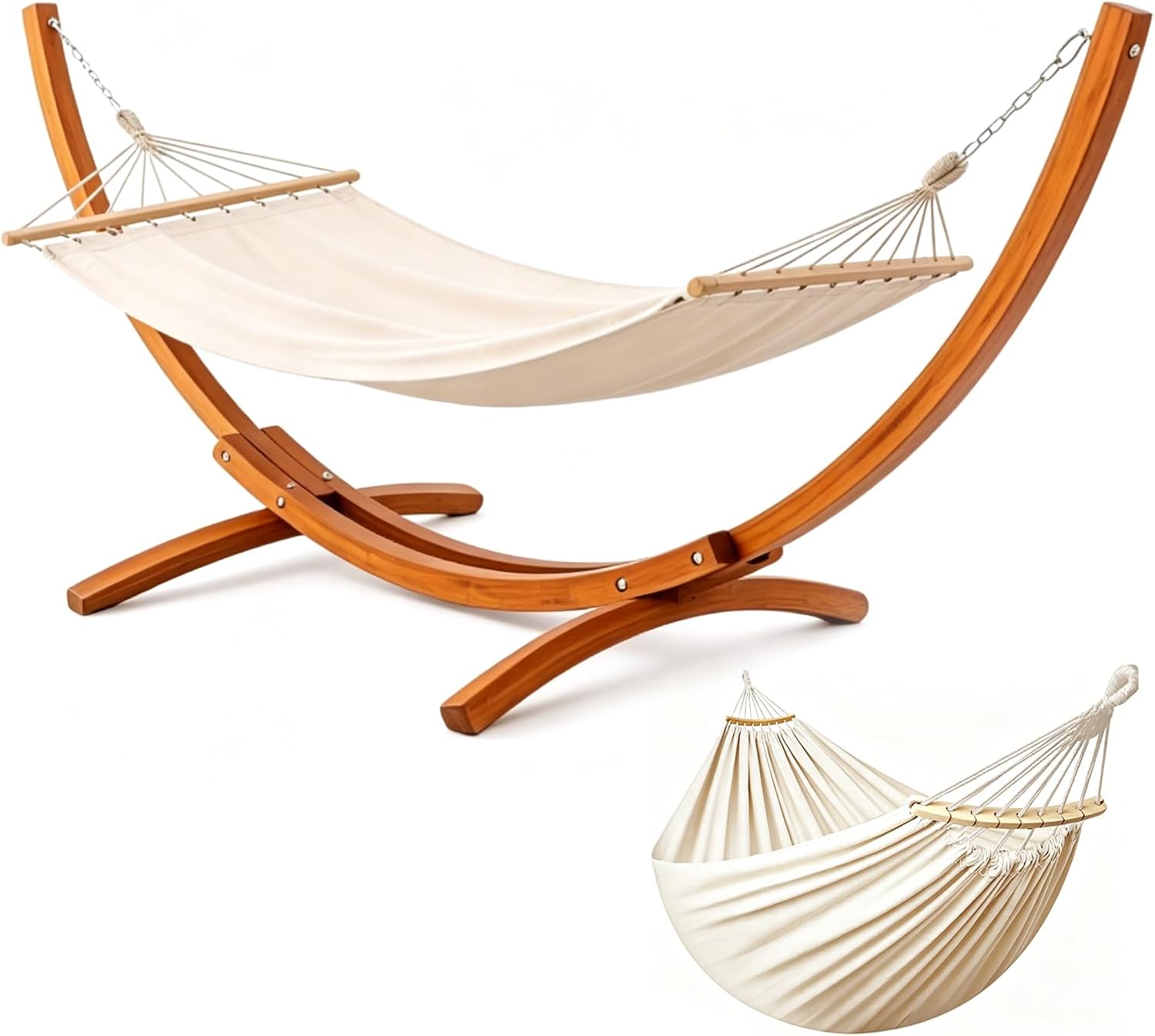 Hängematte mit Gestell, Mit 2 Hängematte, 200kg Belastbarkeit, Maße: 320x120x120 cm, Stabilem Bogengestell aus Massivkiefernholz, Für Garten, Terrasse und Balkon