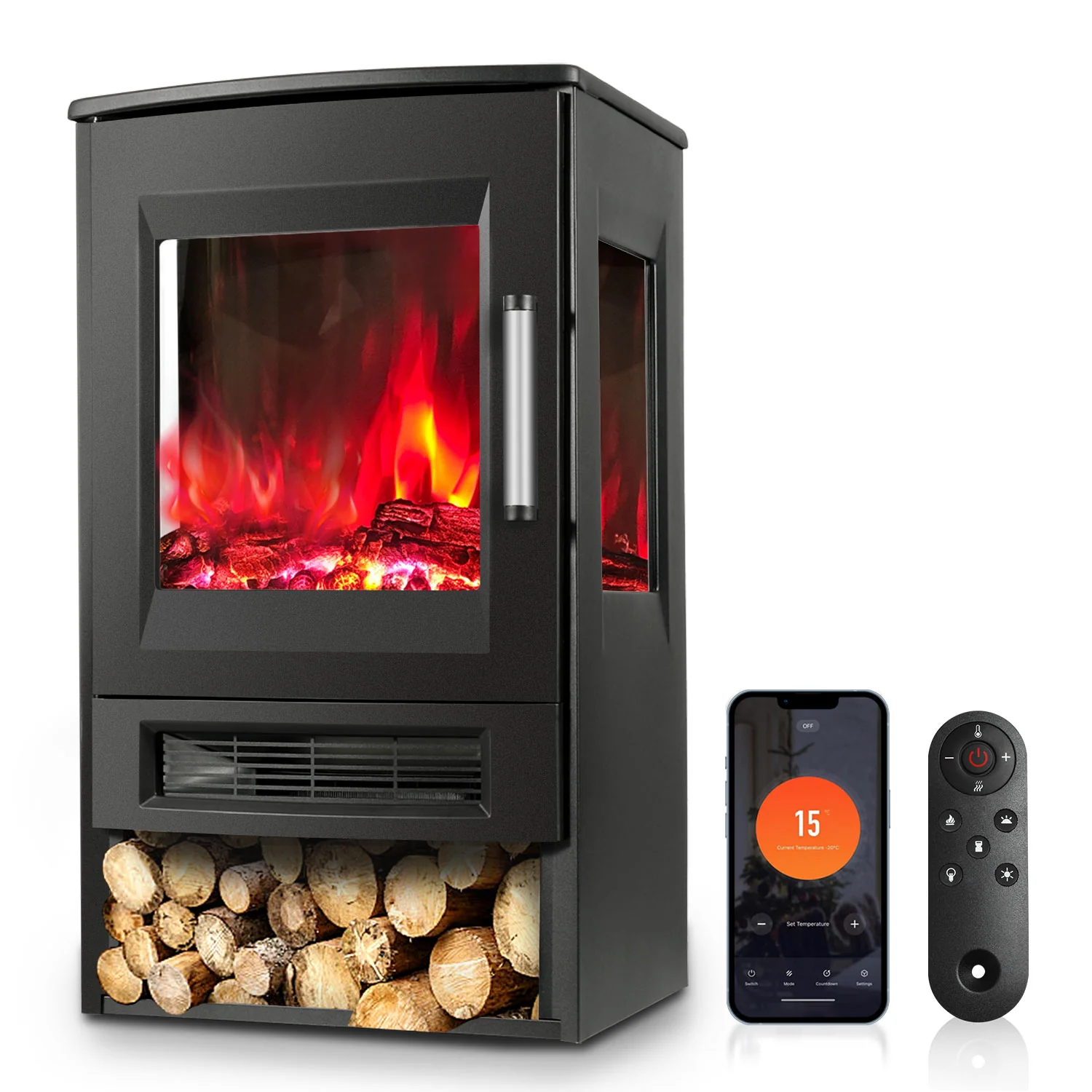 Sonnewelt Elektrokamin mit LED Flammenm WiFi Fernbedienung 900W/1800W