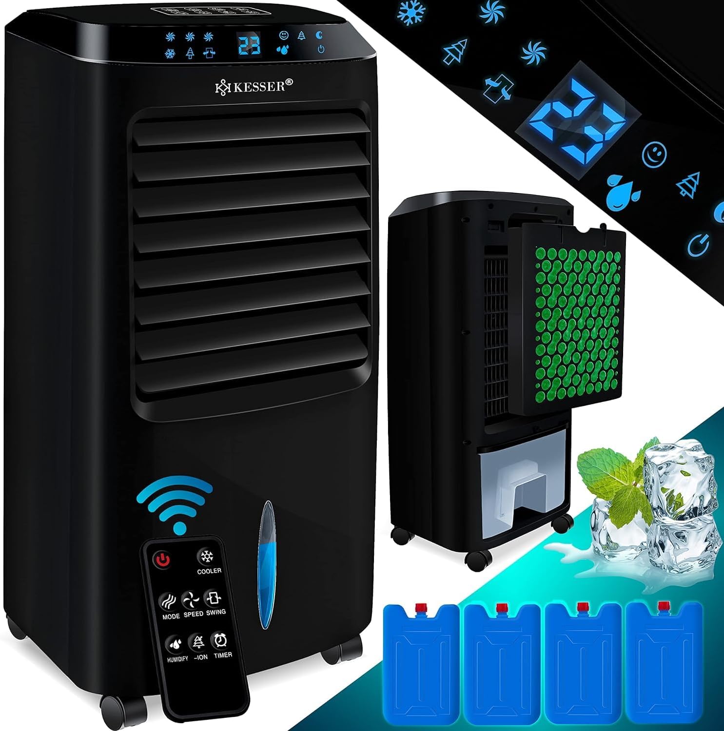 KESSER 4in1 Mobile Klimaanlage | Fernbedienung | Klimagert | Ventilator Klimaanlage | Timer | 3 Stufen | Ionisator Luftbefeuchter | Luftkühler |