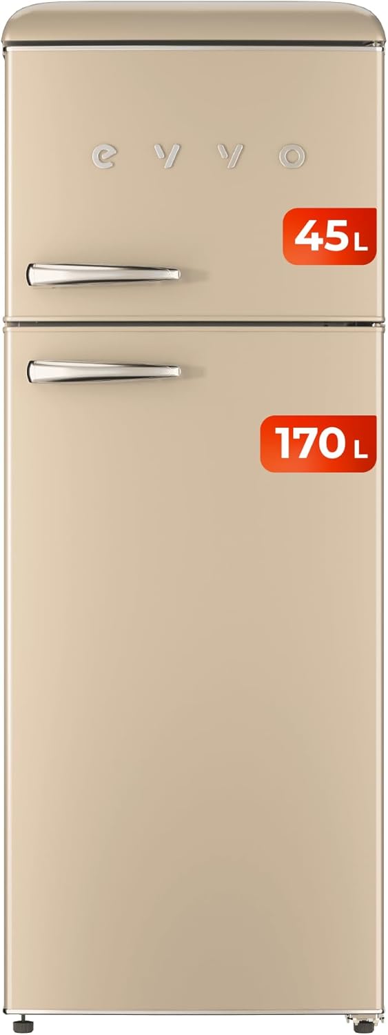 EVVO Frigorífico 2 Puertas, Estilo Retro, Refrigerador 170 Litros, Congelador 45 Litros, Diseño Vintage, Cajón Crisper Zone, Libre de Gas CFC, Silencioso. F45 Beige