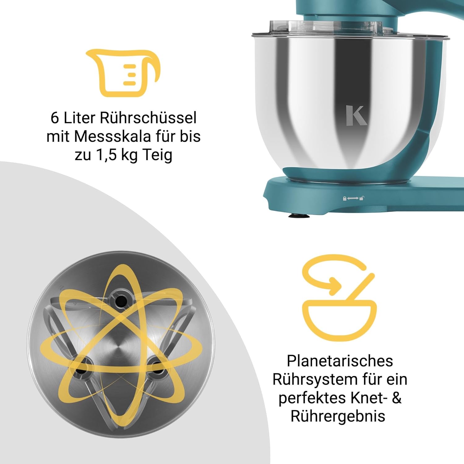 KLAMER Küchenmaschine 1800W, Knetmaschine mit 6 Liter Edelstahl Schüssel, 10 Geschwindigkeitsstufen mit Timer, Rührbesen, Knethaken, Schneebesen und Spritzschutz