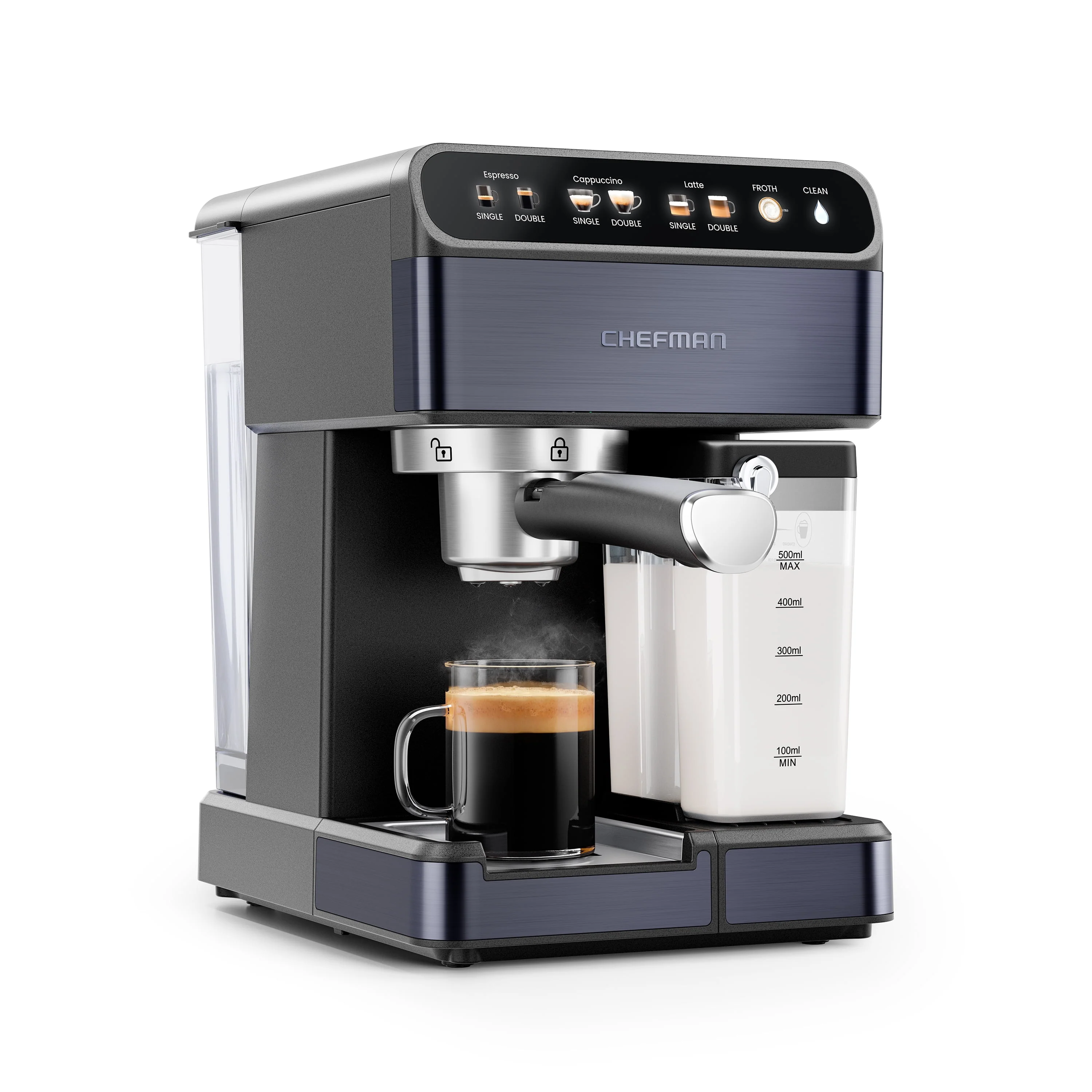 Chefman Espresso Machine w/ Milk Frother, 20 Bar Pump, Digital Display - Black Stainless Steel, New