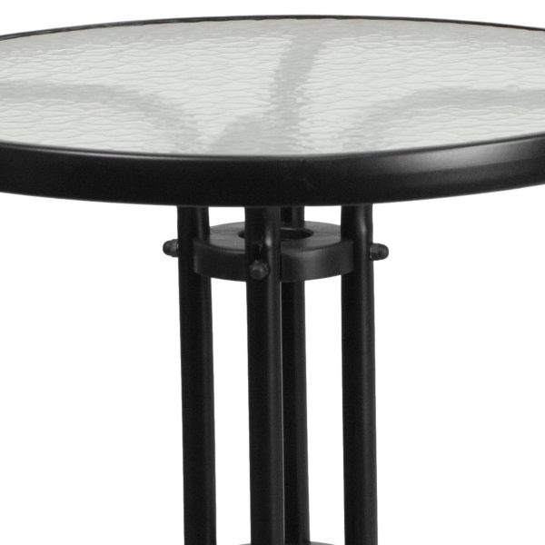 23.75  Round Glass Metal Table with 2 Black Metal Aluminum Slat Stack Chairs
