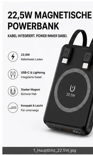 Powerbank 22,5W Schnellladeger?t mit integriertem USB-C & Lightning Kabel �C Hochwertige Powerbank mit Fast Charging & Typ-C Input