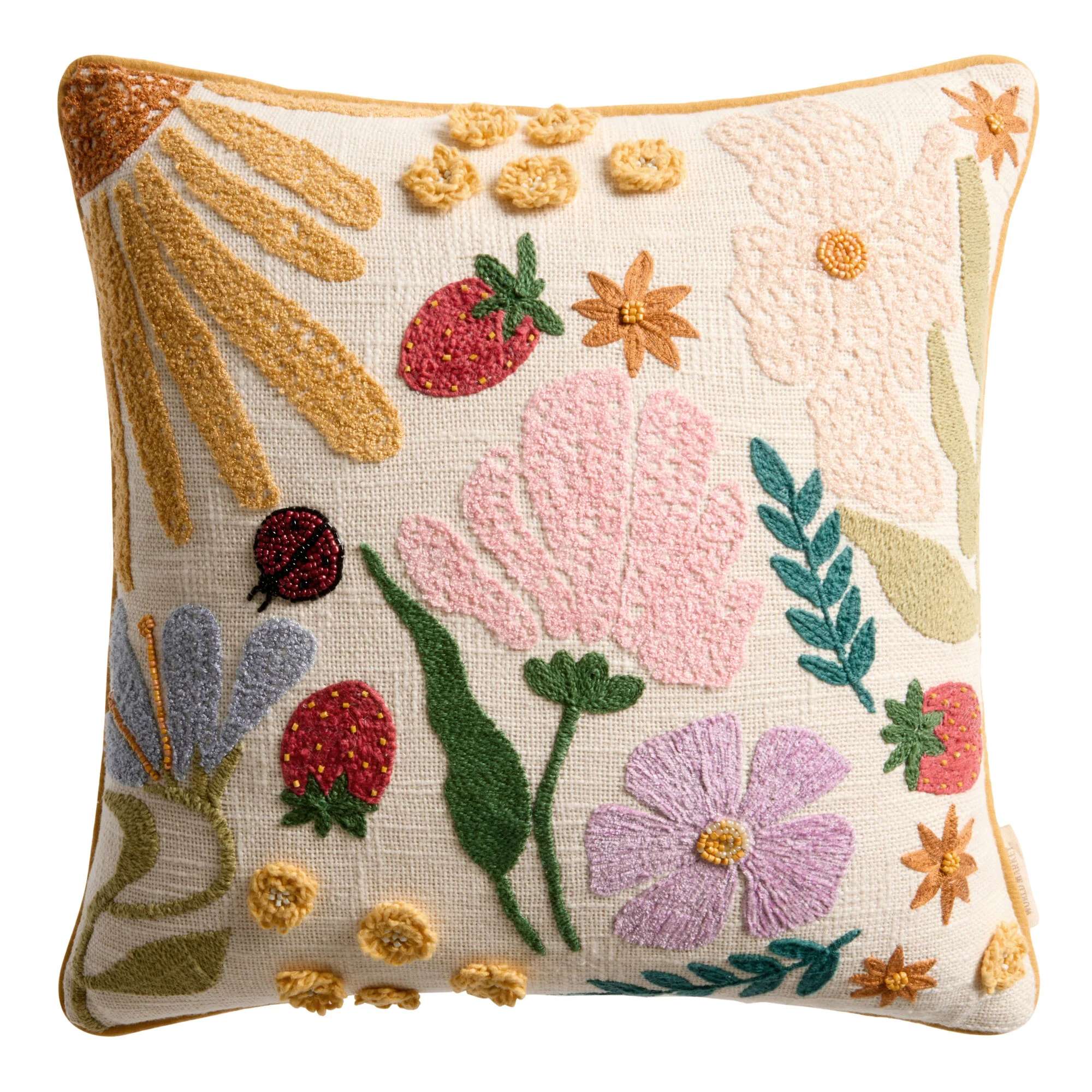Spring Botanical Embroidered Beaded Throw Pillow