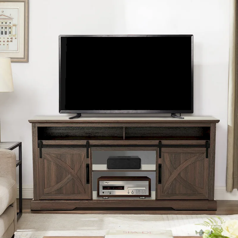 68-Inch Walnut Sliding Barn Door TV Stand Console with Open Storage Compartment