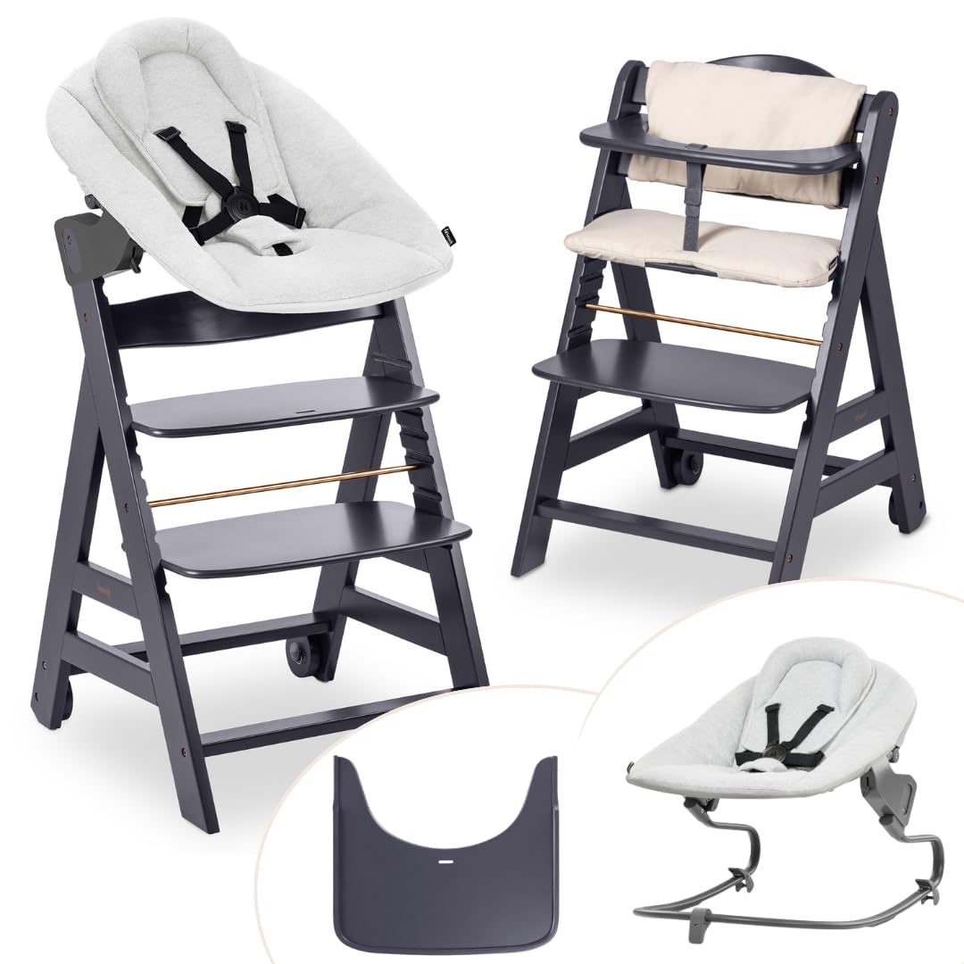 hauck Hochstuhl Beta+ Newborn Set Premium Dark Grey - Babyhochstuhl Set ab Geburt mit Neugeborenen Aufsatz Bouncer, Sitzpolster und Essbrett - Dark Grey