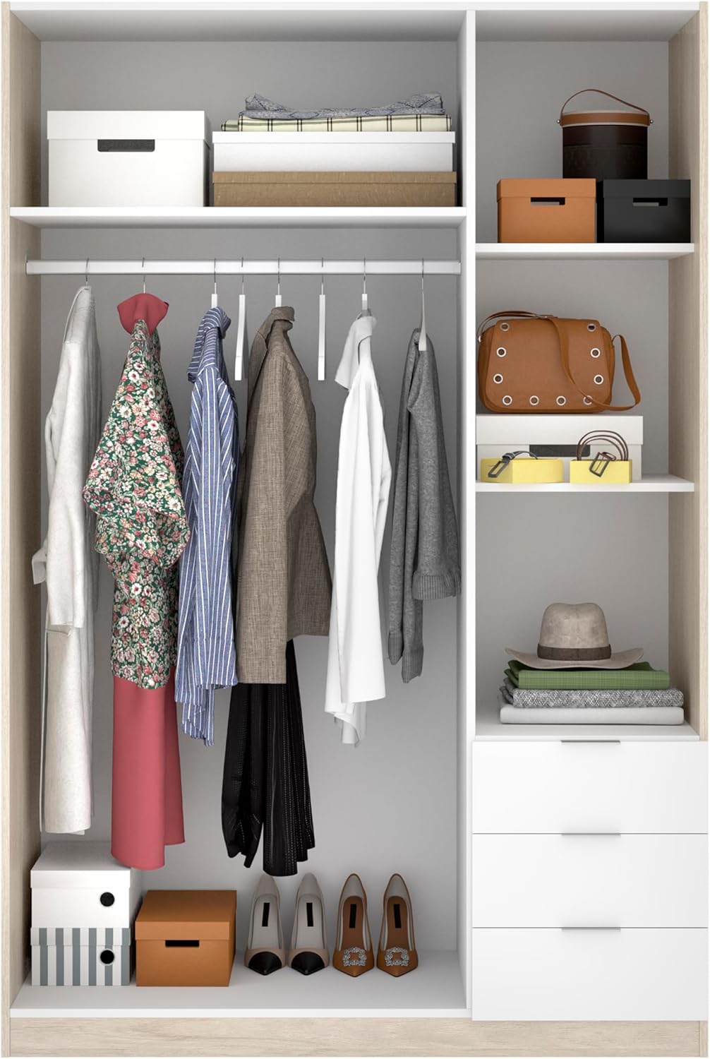 DEKIT GRUPO RIMOBEL Wardrobe with 3 Doors and 3 Drawers, Large Capacity, Natural/White, 121 x 184 x 52 cm
