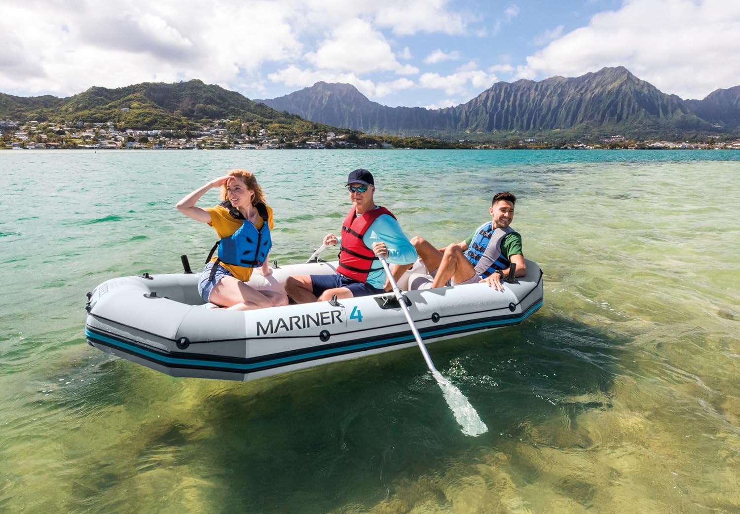 Intex Mariner 4 Set Bateau Gonflable Adulte Unisexe, Gris et Rouge, 328cm x 145cm x 48cm