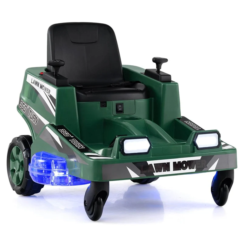 12V Kids Ride-On Lawn Mower with 360° Twist & Turn, Dual Control Sticks, LED Lights, Toddler Electric Car Toy for Boys & Girls Aged 3-8
