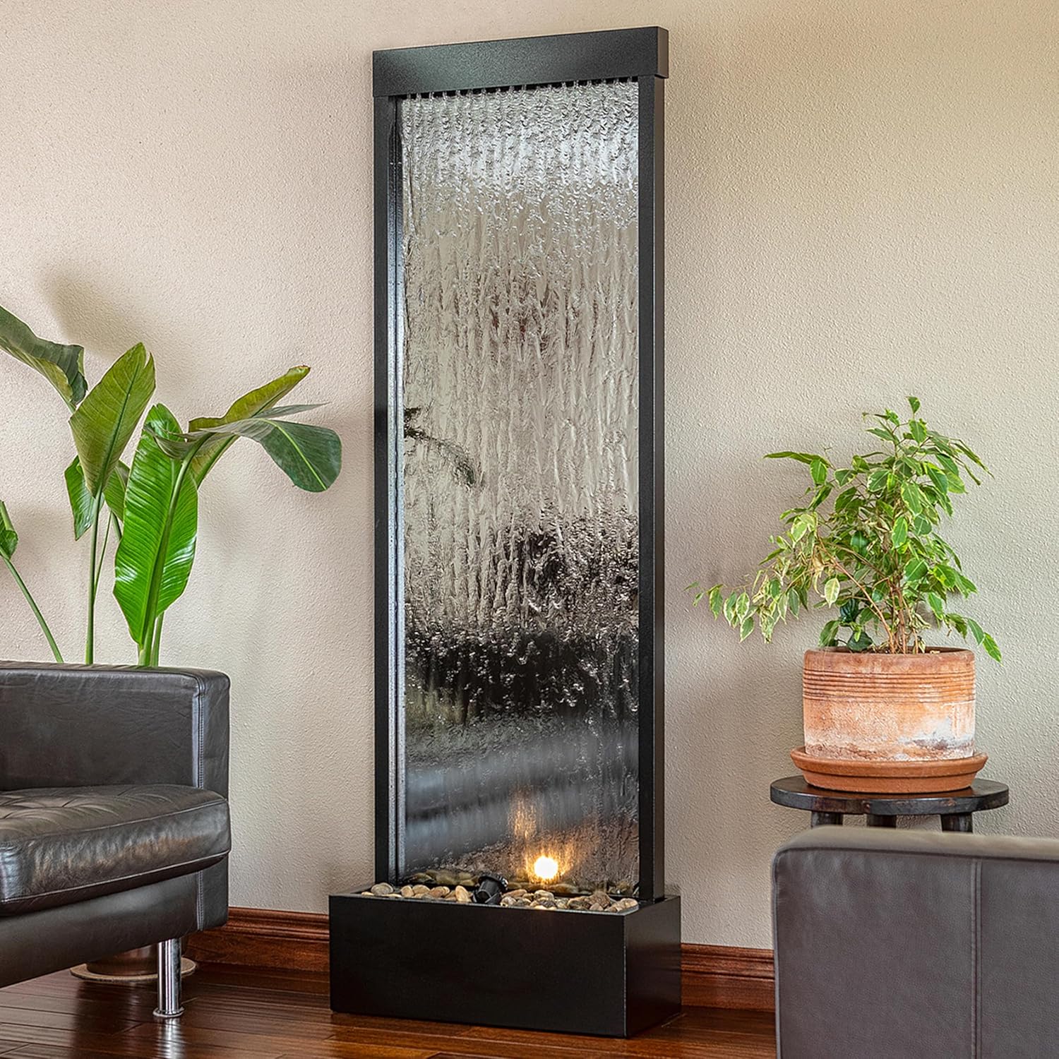 Alpine Mirror Waterfall Fountain with Stones & Lights, 72