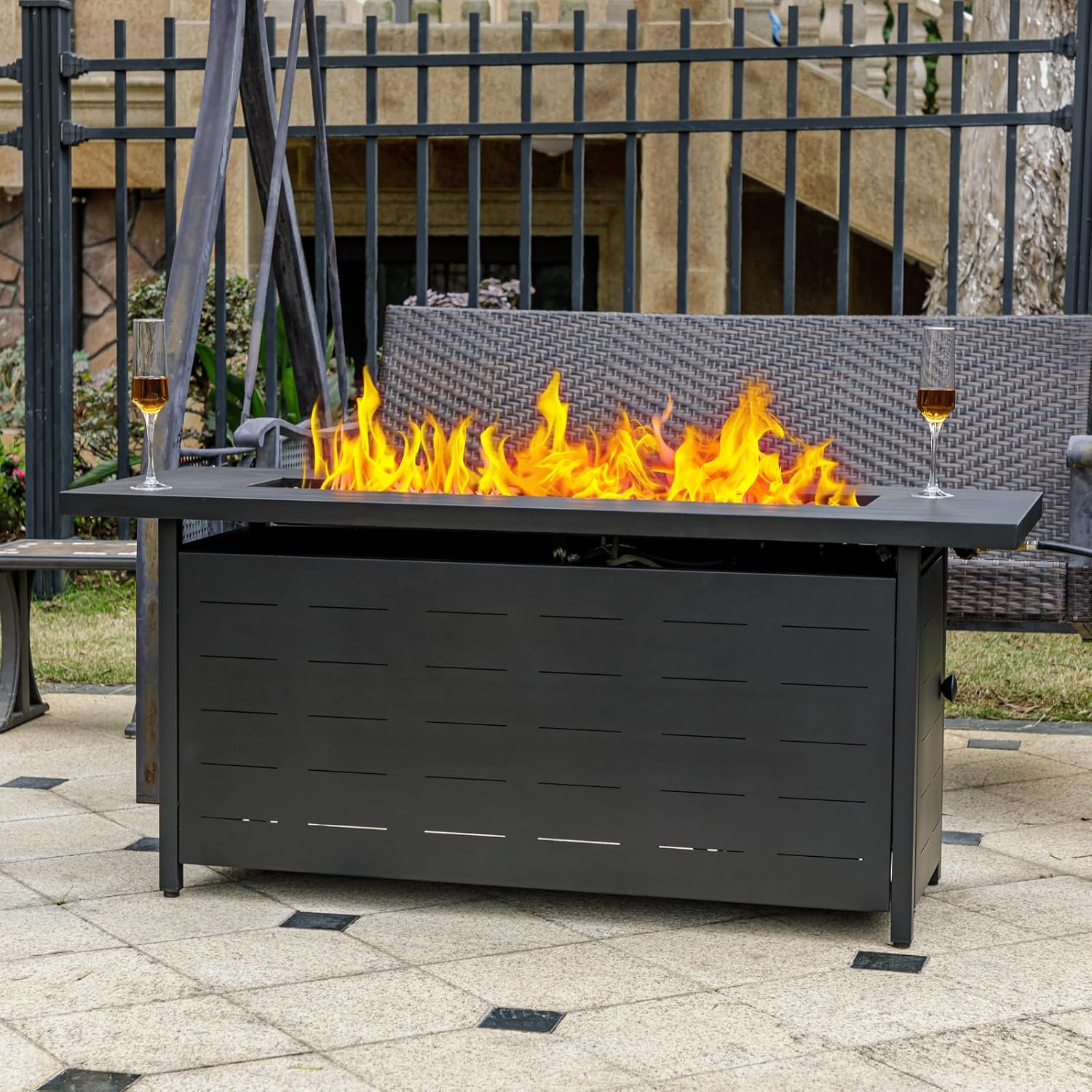 EcoNook 57 inch Propane Fire Pit Table,50000 BTU Gas Fire Pits Table with Lid & Lava Rock & Waterproof Cover, Outdoor Propane Firepit for Dining or Party, Outside, Patio, Garden, Yard
