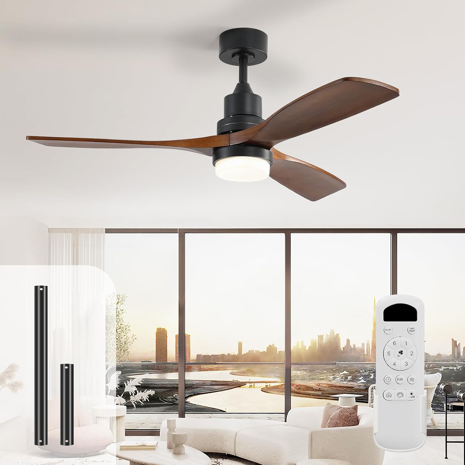 Sofucor Deckenventilator mit Fernbedienung, Deckenventilator aus Massivholz mit 3 Holzlüfterblätter, 132cm, Leise, 6 Geschwindigkeiten, Timer, DC Motor, Sommer-Winterbetrieb für Schlafzimmer