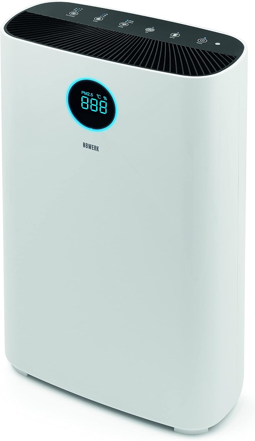 Luftreiniger mit 6-fach-Filtersystem | H14 Filter | CADR: 185 m³/h | Für Allergiker - filtert Pollen, Staub, Bakterien etc. | App-Steuerung | Inkl. UVC- Licht | Raumgröße bis zu 50 m²