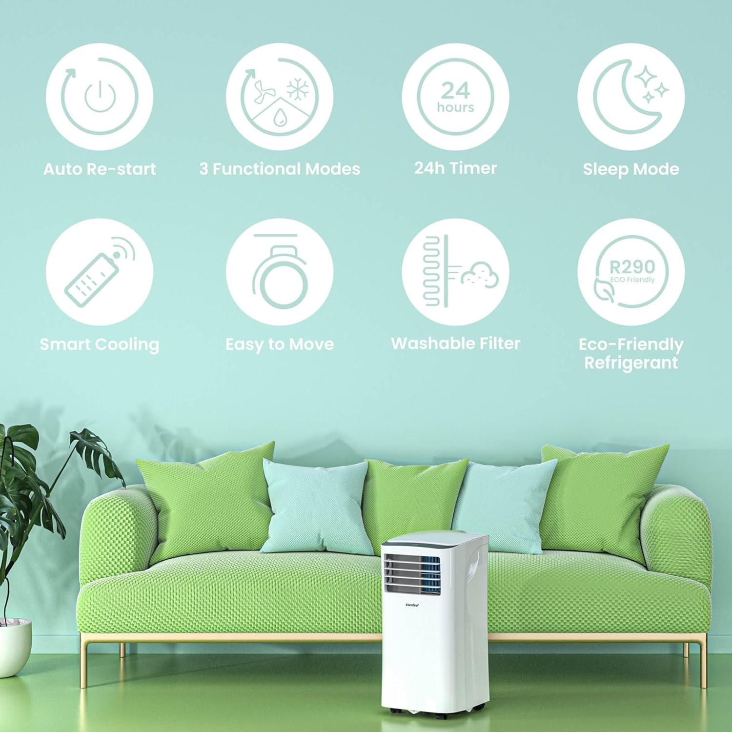 Comfee Mobiles Klimagerät MPPH-09CRN7, 3-in-1 Klimaanlage mit Abluftschlauch, Kühlen&Entfeuchten&Ventilieren, 9000 BTU, 2.6kW, für Räume ca. 80m³(31㎡), EEK A