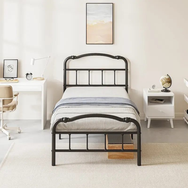 Sturdy 18-Inch High Steel Tube Iron Bed with Double Wave Headboard and Footboard