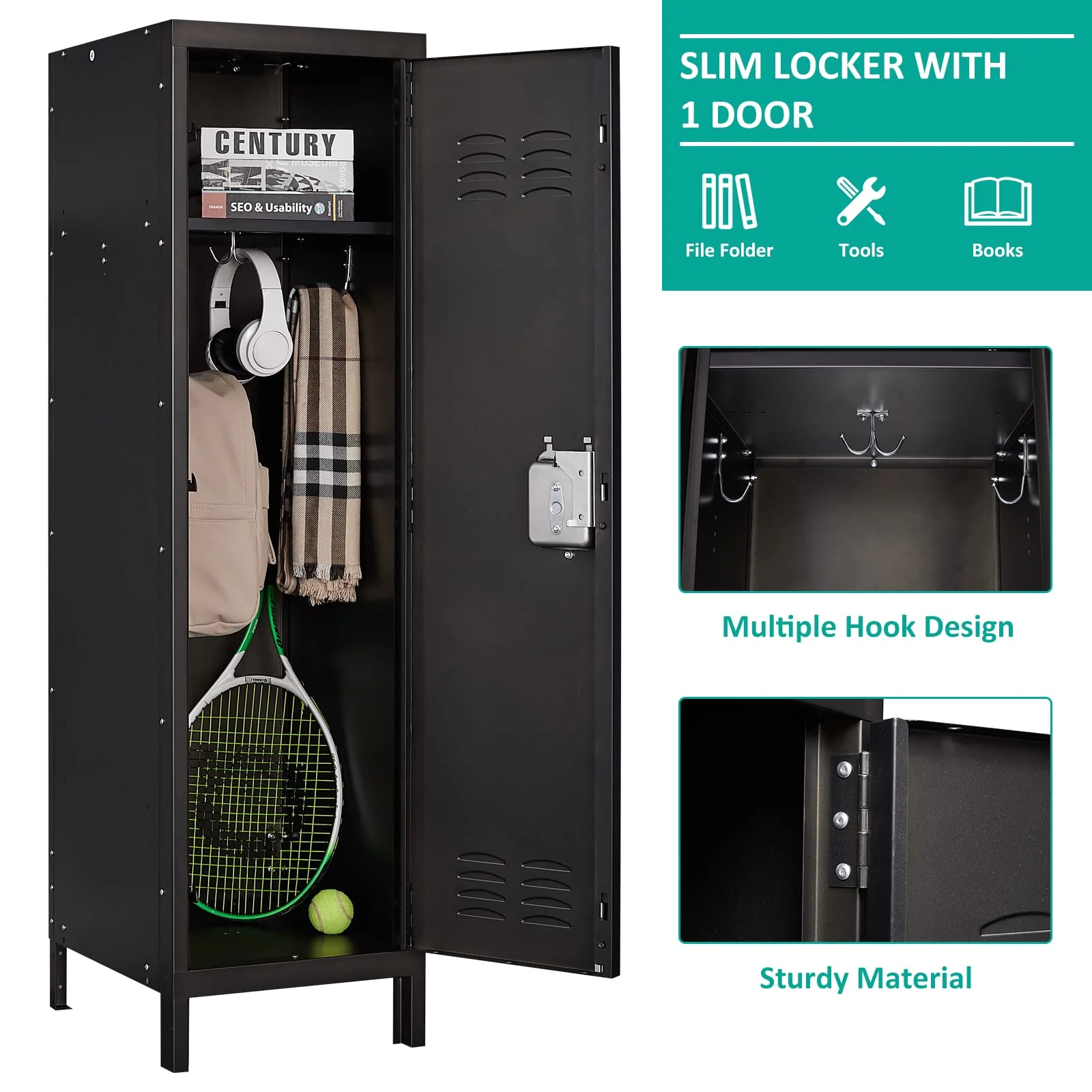 SISESOL Vintage Metal Locker,Storage Locker,Retro Black Single Locker with Hooks for Employees,Steel Locker for Home, Office,Gym,Old School Lockers Storage