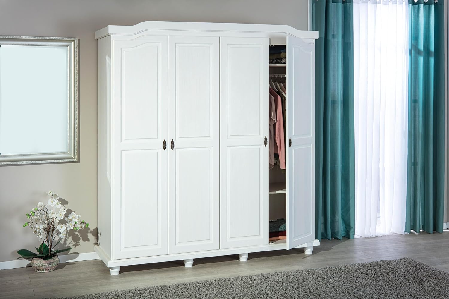 Inter Link - Large Functional Wardrobe - 4 Doors - 4 Holes - 2 Cabinets - Solid Pine Wardrobe - White Varnish - Width: 183 cm Depth: 60 cm Height: 198 cm - Isny