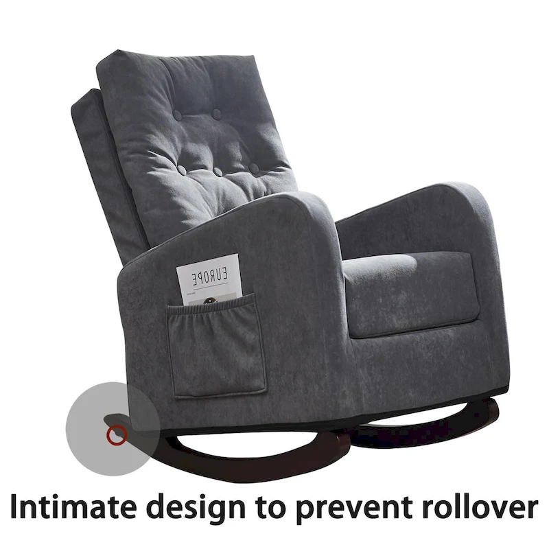 Modern 28.74 High Back Upholstered Buttons Tufted Rocking Chair with Solid Wood Legs and Side Pocket