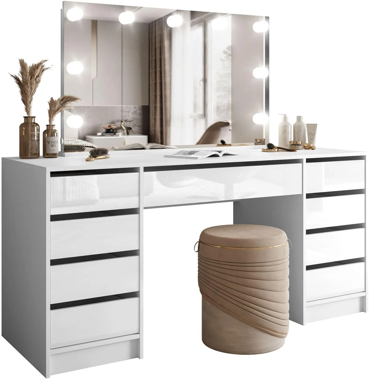 Tocador Lookway MADA Elite II con espejo LED - Elegante acabado en color cachemir o blanco brillo intenso, montaje en pared, cajones espaciosos (Blanco/Blanco brillo intenso) 2026