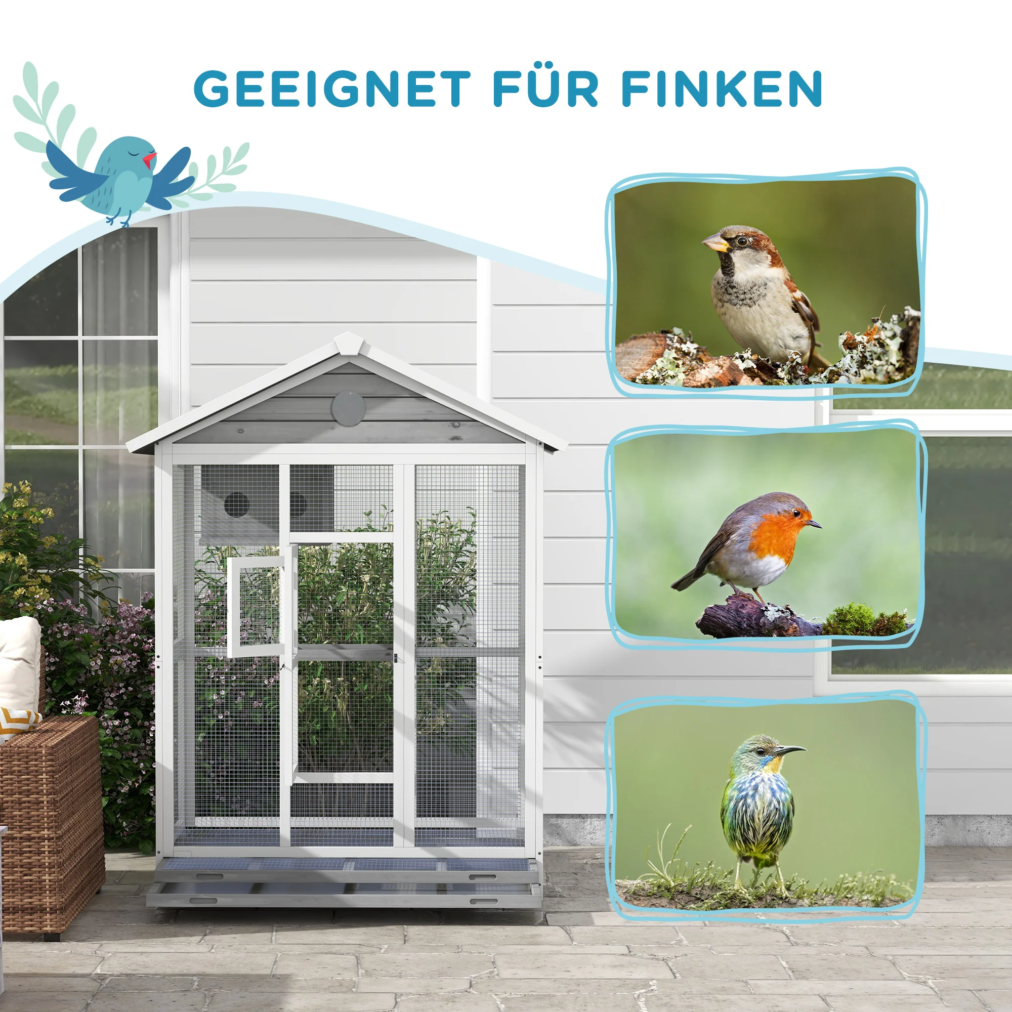 PawHut Houten vogelkooi met 4 zitstokken, asfaltdak, waterdicht, 112 x 68 x 154 cm