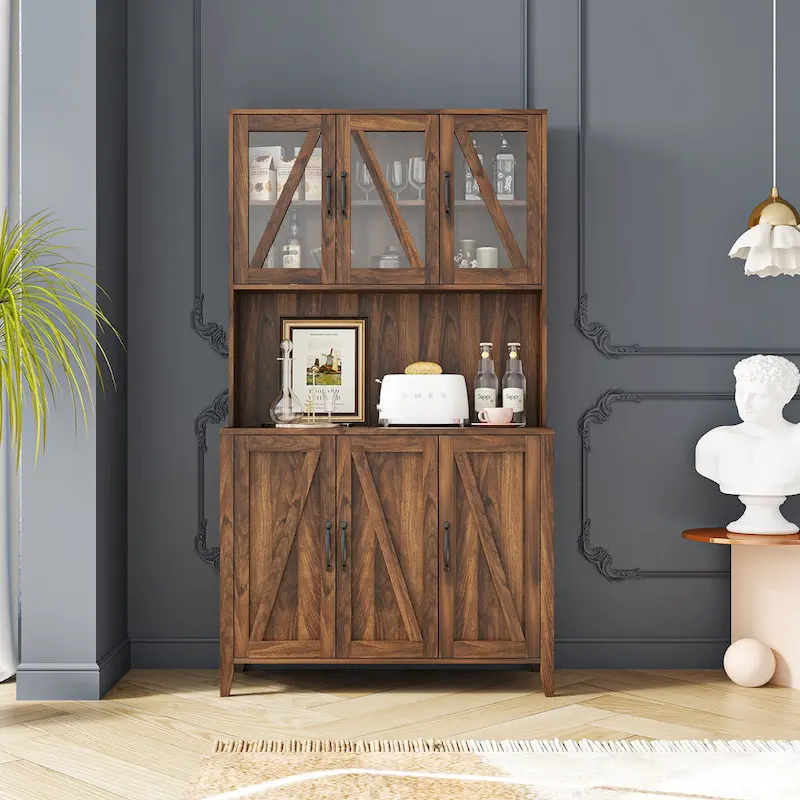 Spacious Kitchen Pantry Storage Cabinet Featuring Glass Doors