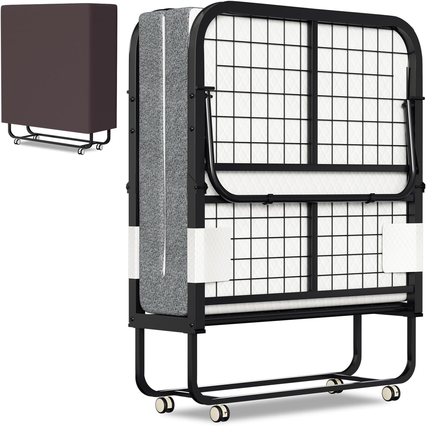 Cama plegable 90x200 cm, cama supletoria, cama plegable con colchón de 13 cm de grosor, 4 ruedas con freno, cama para adultos con capacidad de carga hasta 200 kg, para sala de estar